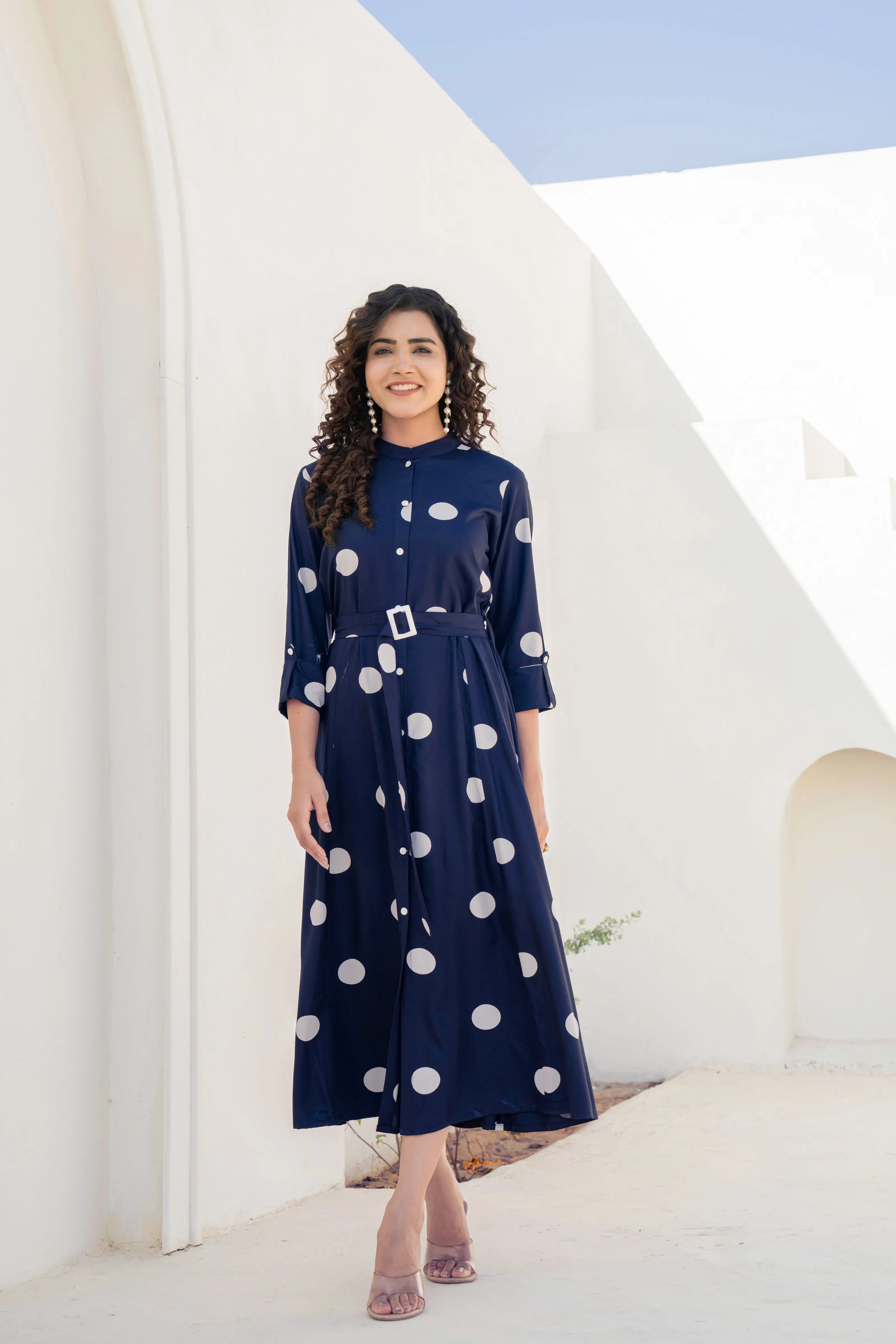Navy Polka Dot Belted Midi Dress in Viscose M / Navy Blue / Viscose Navy Polka Dot Belted Midi Dress in Viscose M / Navy Blue / Viscose