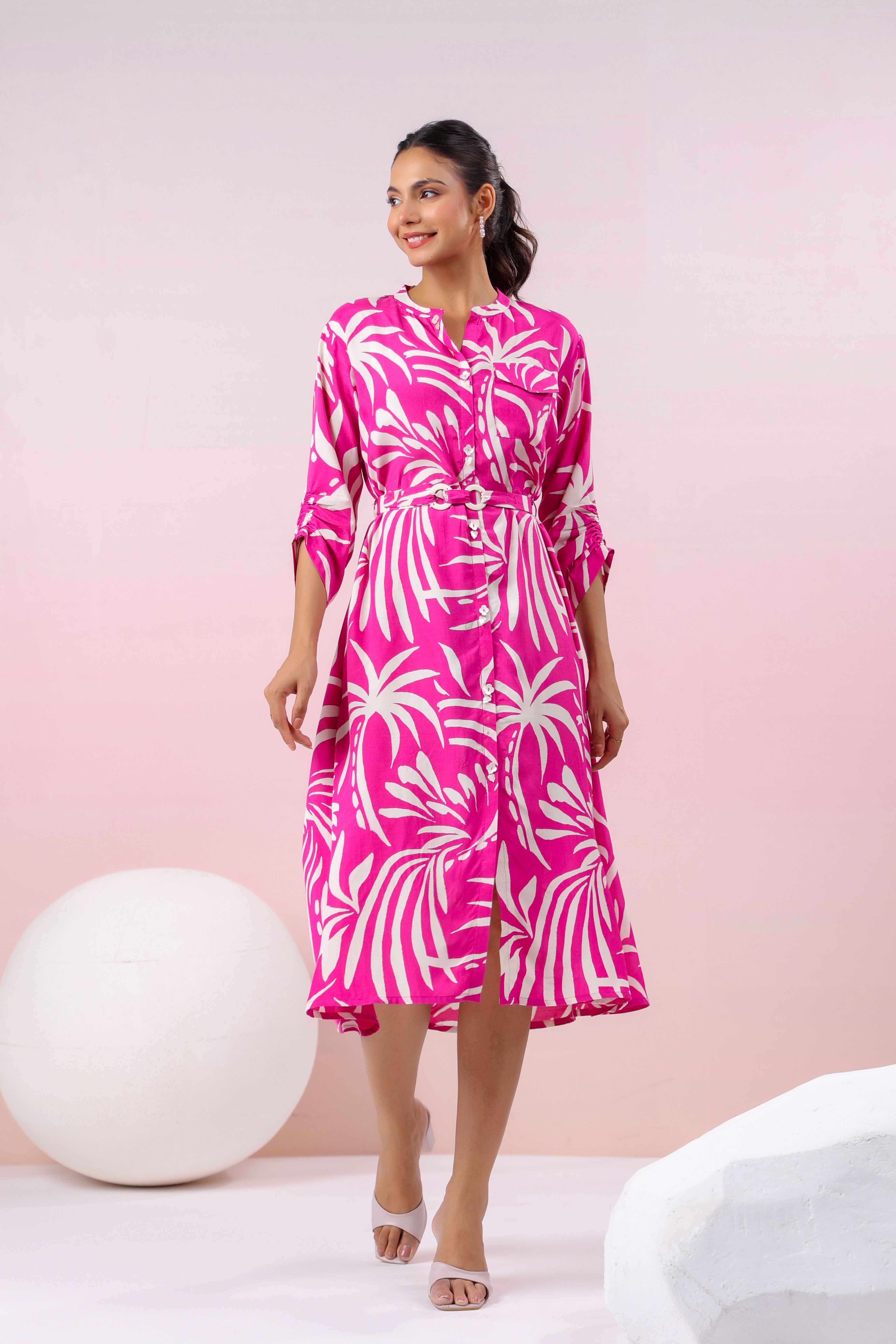 Hot Pink Russian Silk Floral Printed Midi Dress Kaftanize Hot Pink Russian Silk Floral Printed Midi Dress Kaftanize