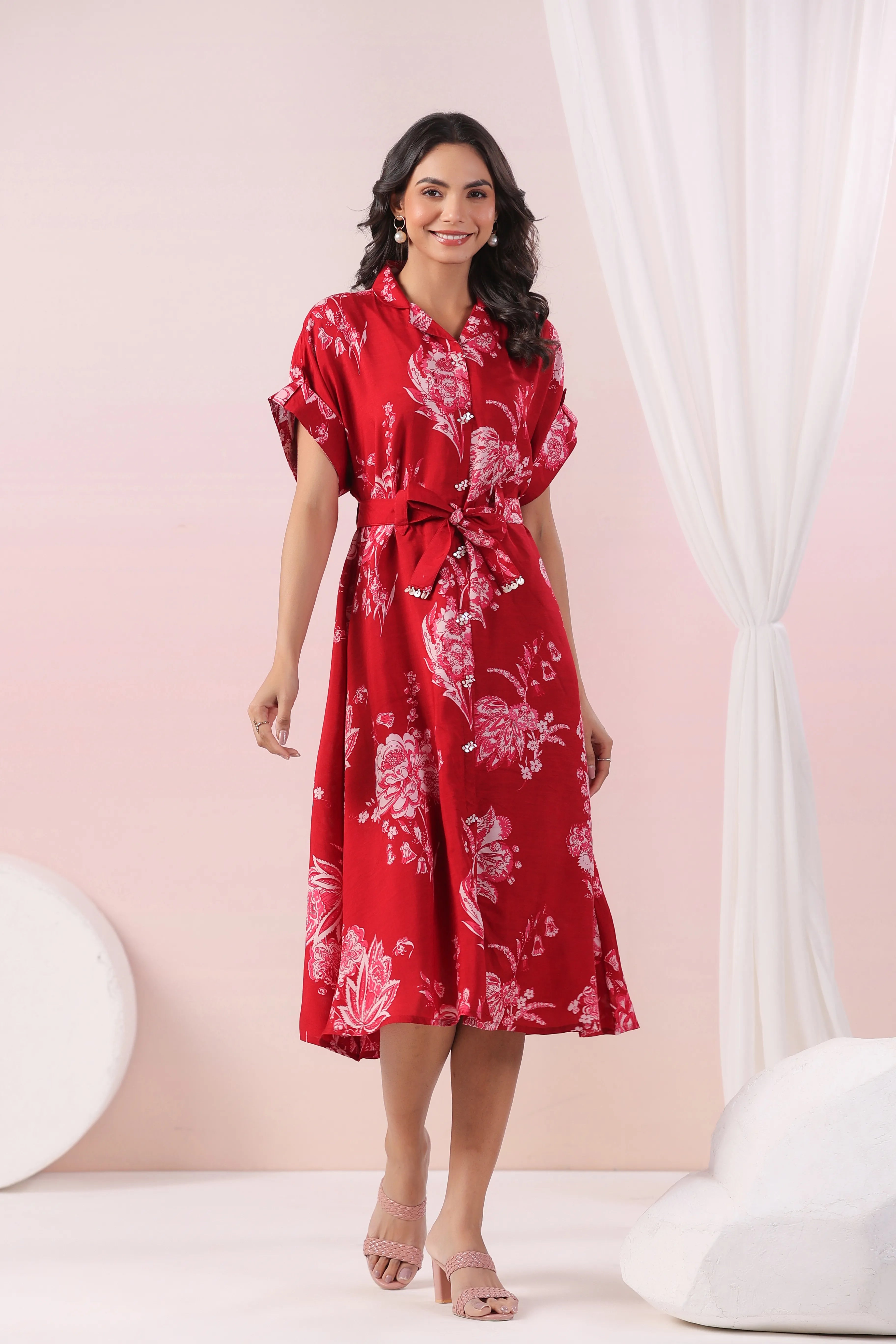 Cherry Red & Pink Floral Belted Midi Dress in Russian Silk – Kaftanize