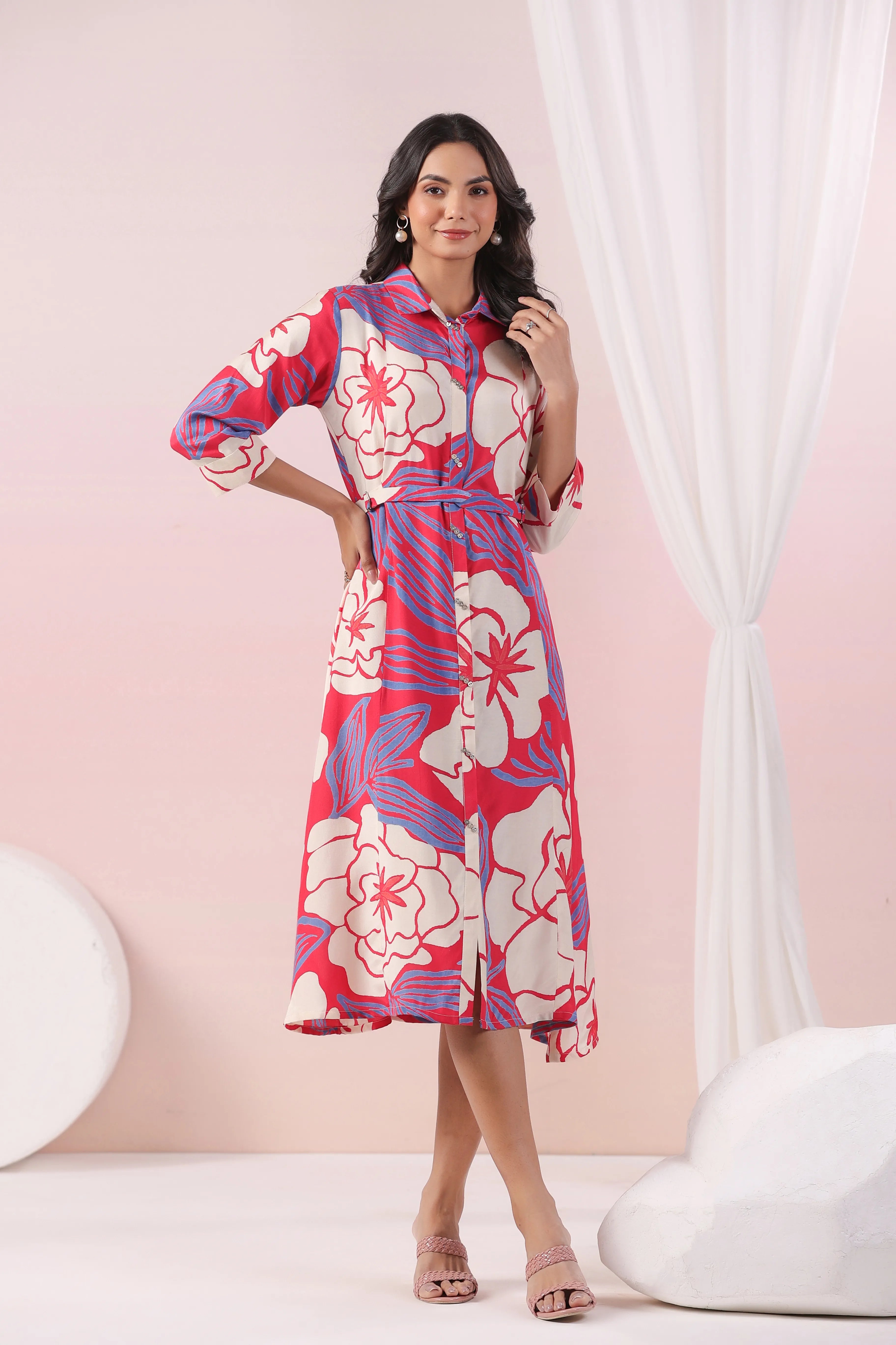 bold print midi dress Multi Color Abstract Printed Bold flower Motif Russian Silk Midi Dress L / Silk / multicolor