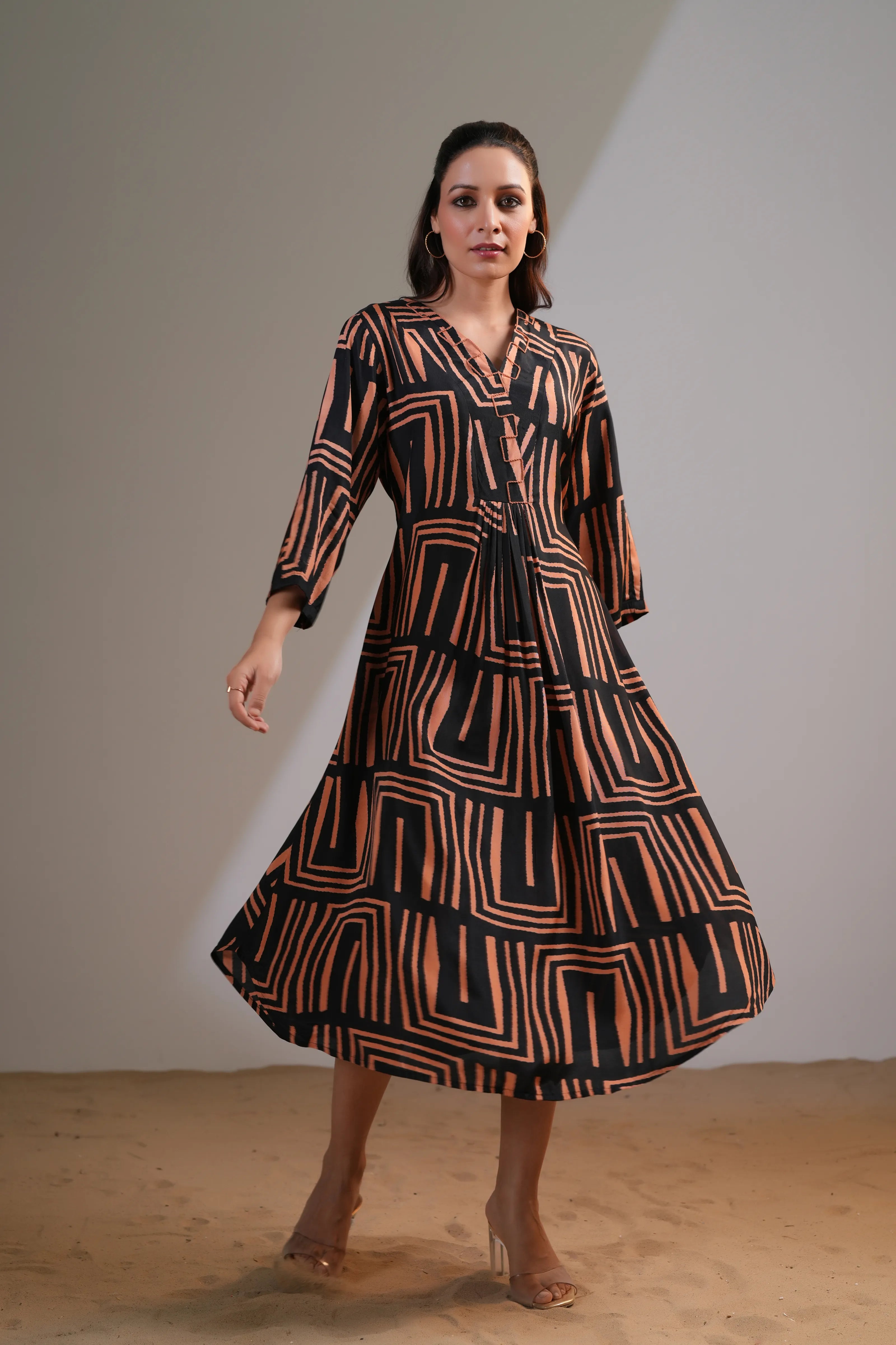 Black & Orange Abstract Stripe Cord Work Maxi Dress in Russian Silk –  Kaftanize