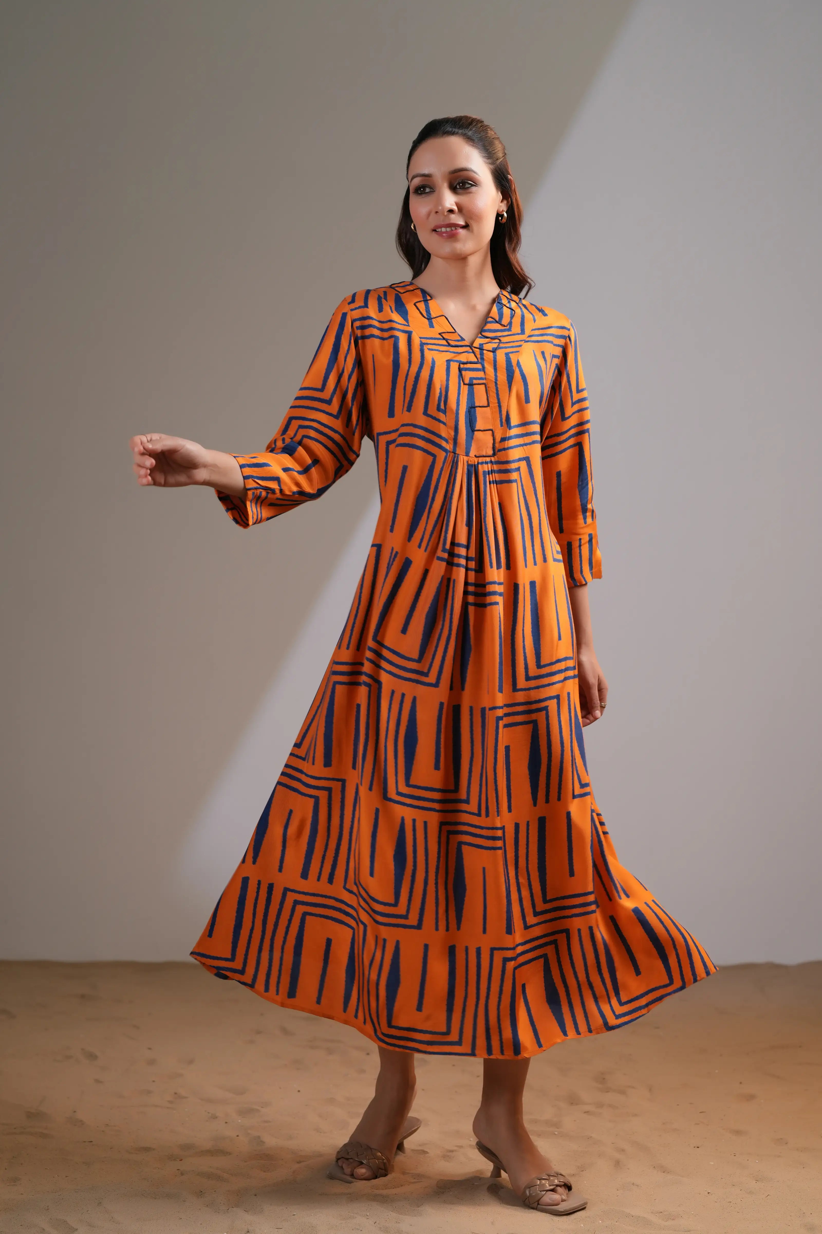 Orange & Blue Abstract Stripe Russian Silk Maxi Dress Kaftanize Orange & Blue Abstract Stripe Russian Silk Maxi Dress Kaftanize
