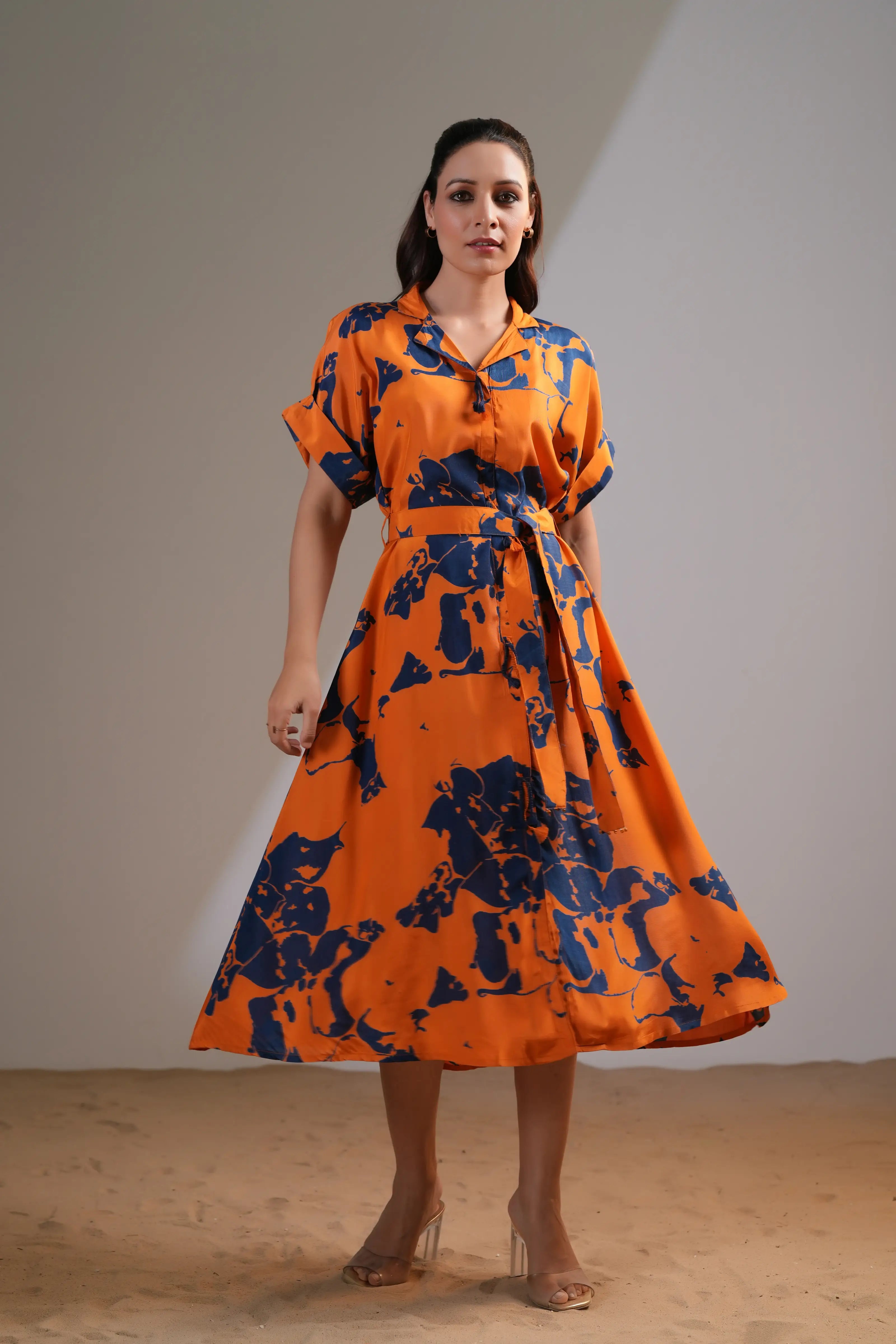 open lace back dress Orange & Navy Blue Abstract Floral Midi Dress in Russian Silk – Kaftanize