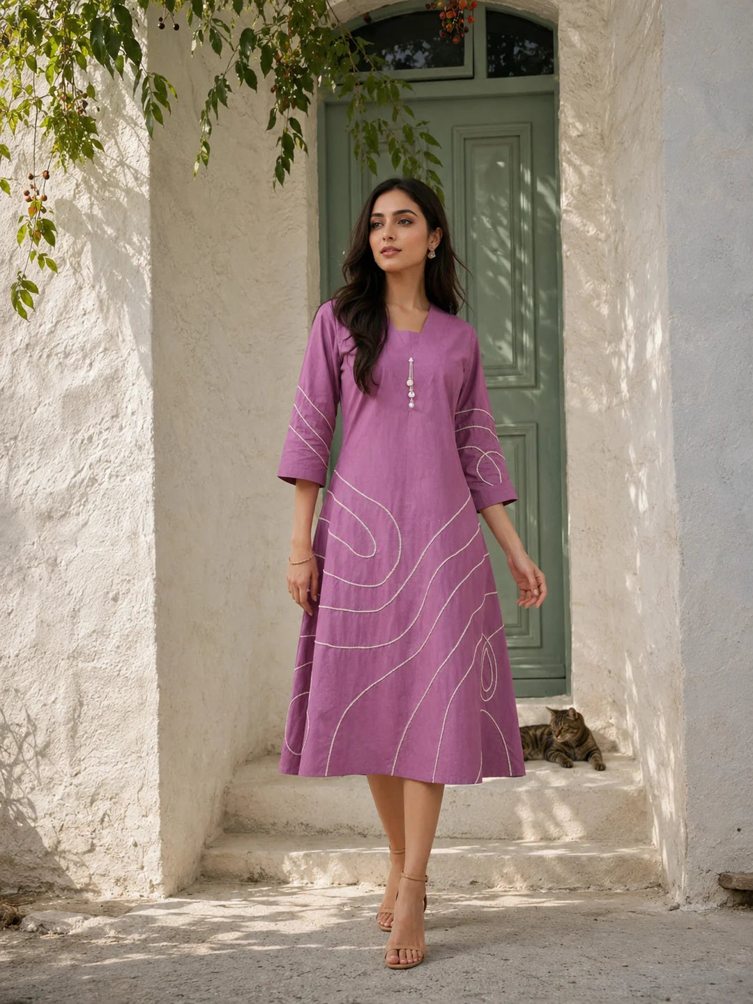 Lilac Abstract Cord Work Midi Dress in Cotton Cambric – Kaftanize