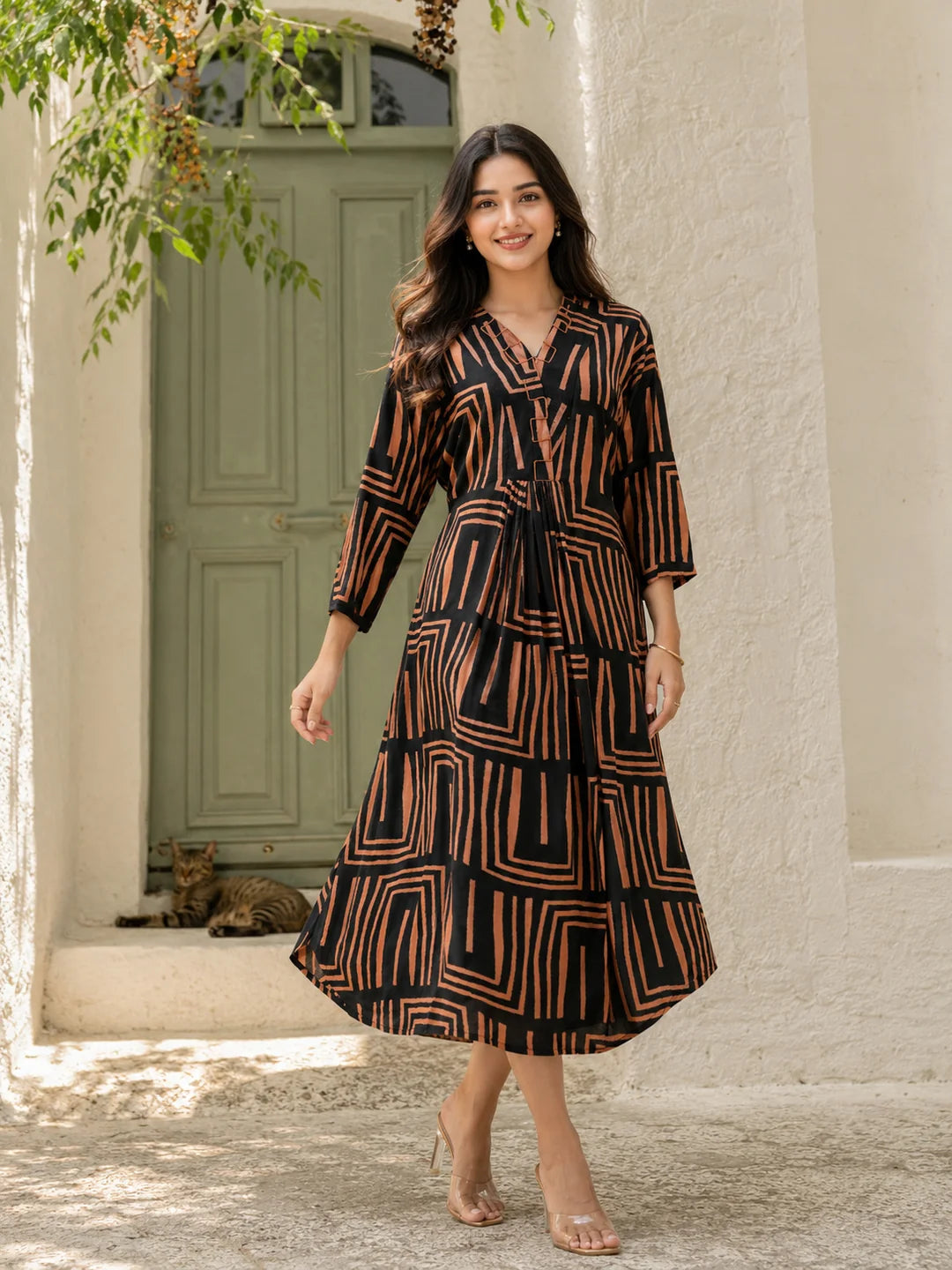 Black & Orange Abstract Stripe Cord Work Maxi Dress in Russian Silk S / Black & Orange / Russian Silk