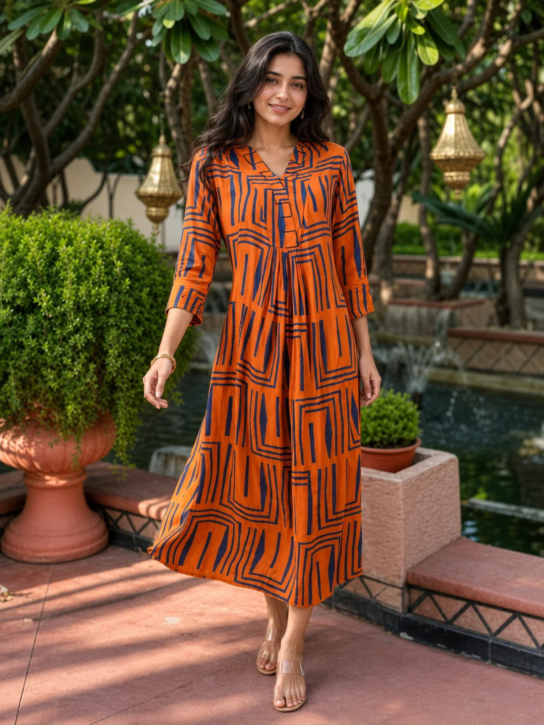 Orange & Blue Abstract Stripe Russian Silk Maxi Dress M / Orange & Blue / Silk
