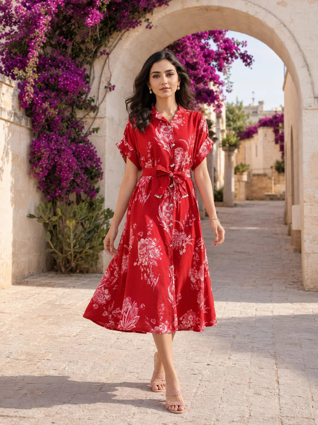 Cherry Red & Pink Floral Belted Midi Dress in Russian Silk S / Red & Pink / Silk