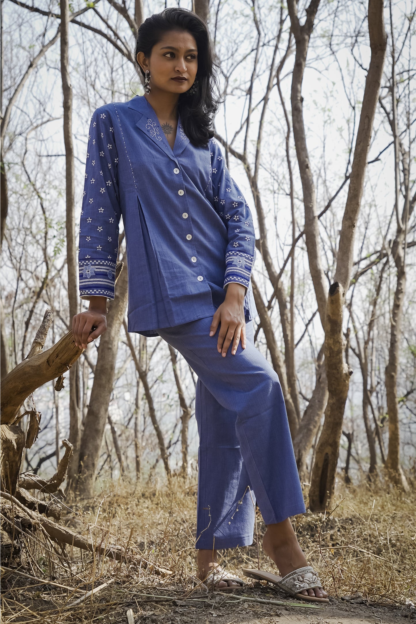 Blue Hand-Woven Cotton Printed Co-Ord Set