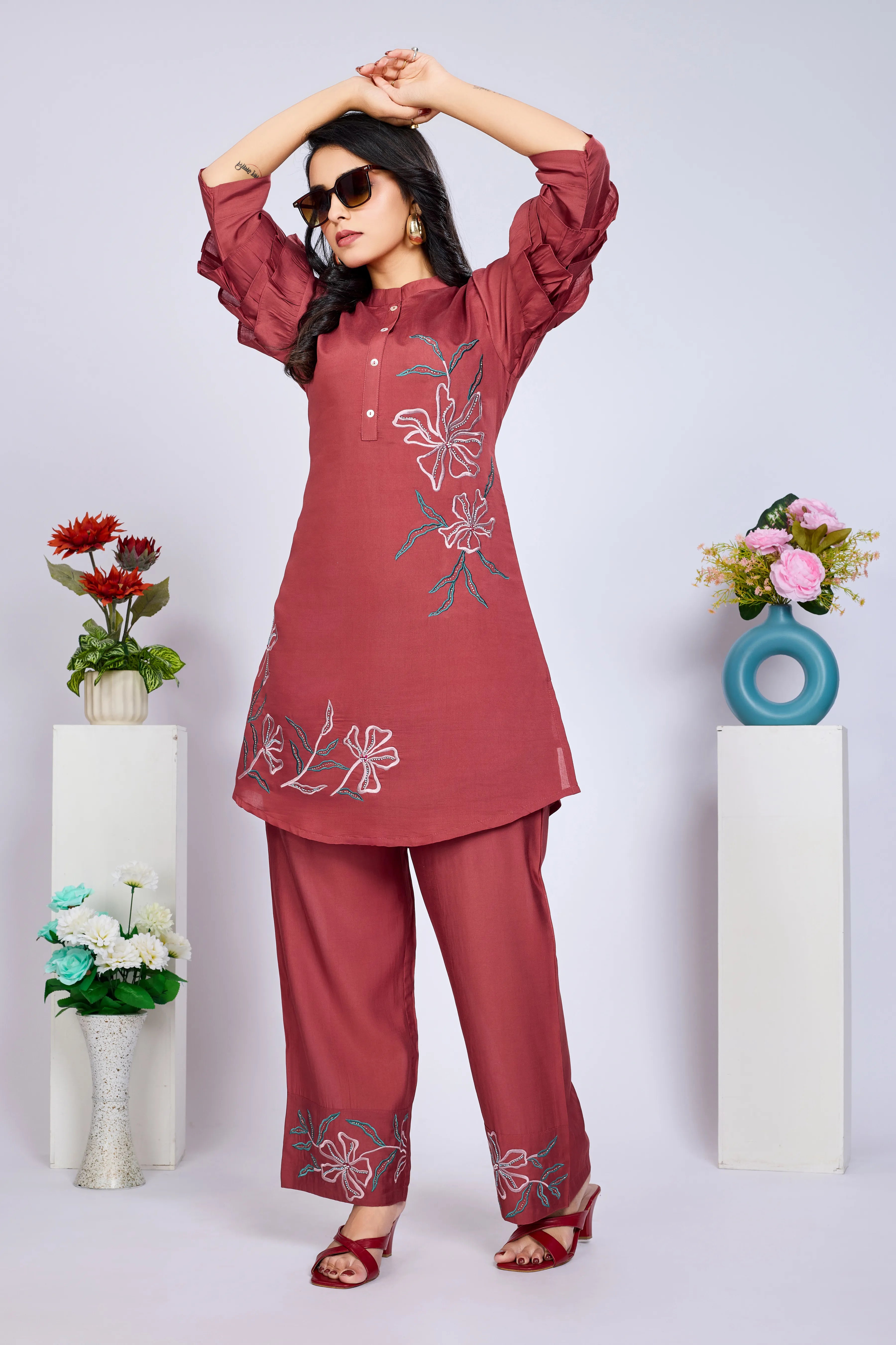 Ranee Merlot Color Muslin Co-Ord Set – Kaftanize