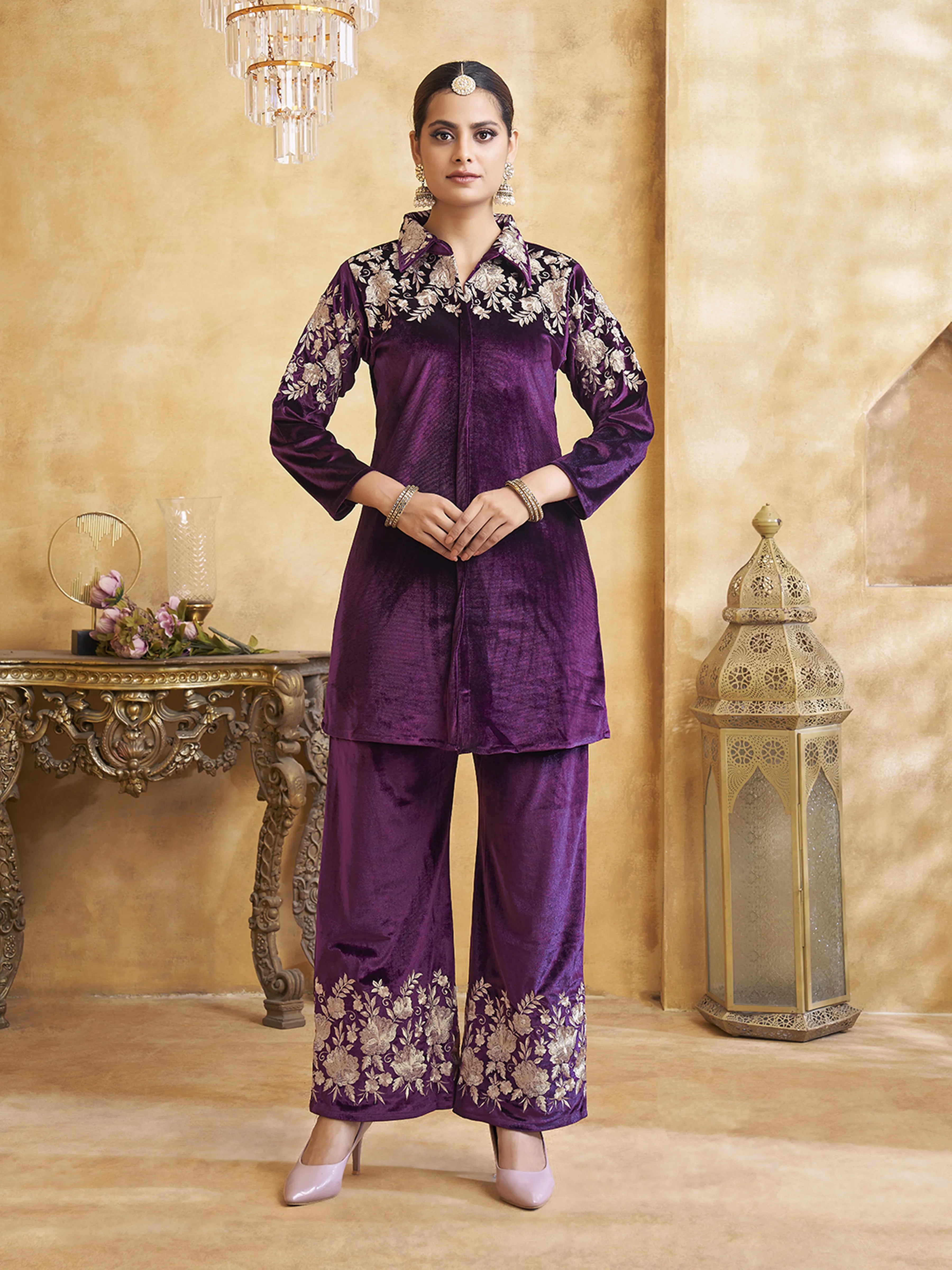 Buy Zari Embroidered Velvet Co-ord Set in Deep Purple | Kaftanize