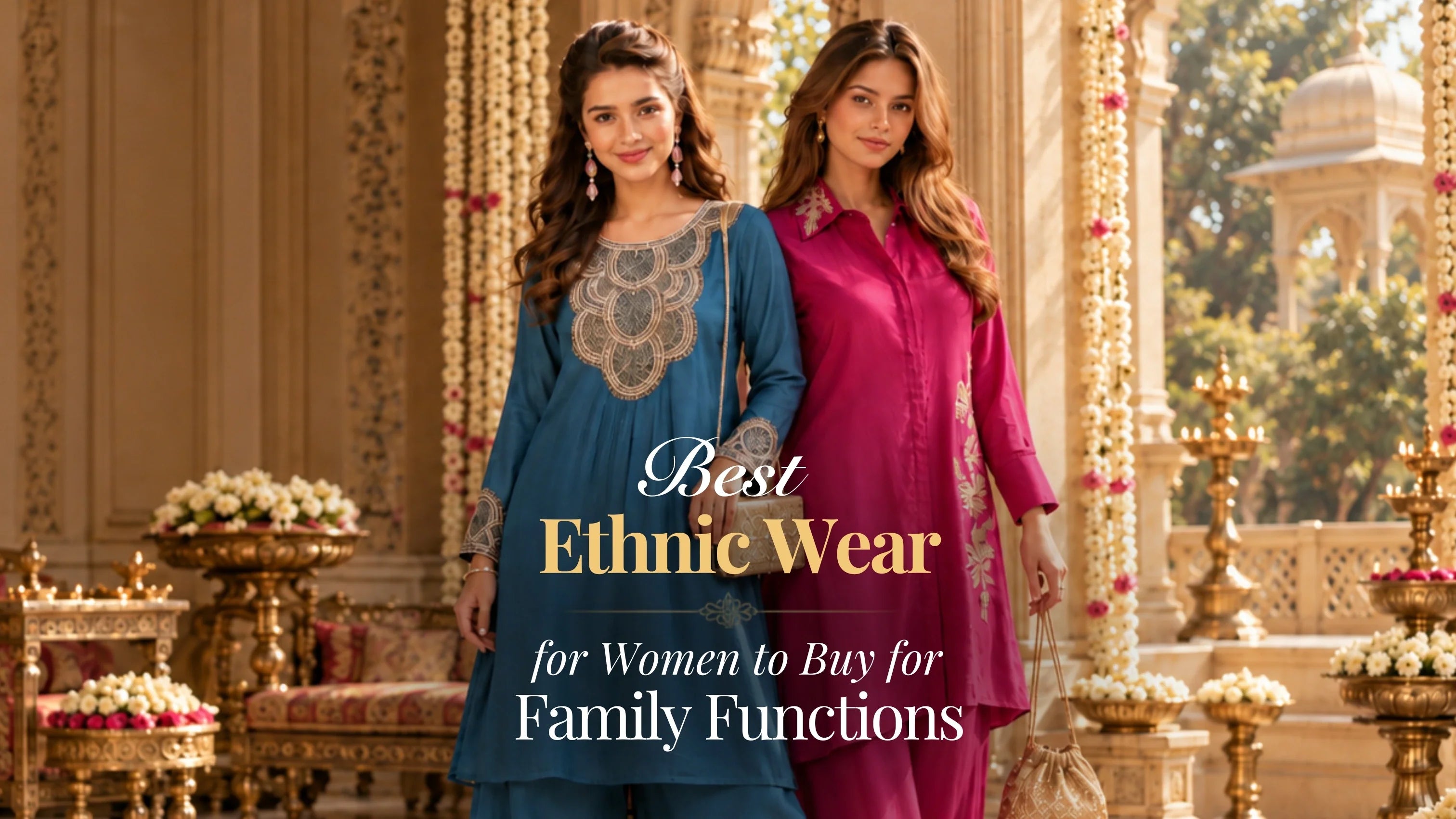 Women's elegant printed kurta set for daytime family functions and pujas