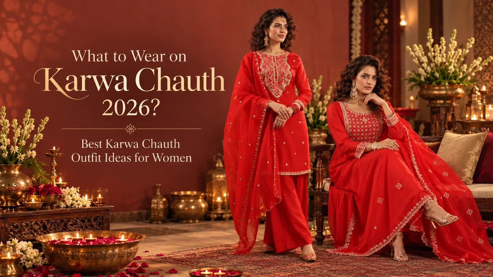 Woman wearing a traditional red embroidered kurta set for Karwa Chauth 2026