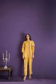 Kaftanize Solid Yellow Lace Embroidered Kurta and Trouser Made From Viscose Fabric.
