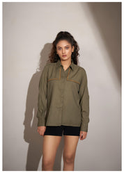 Green Linen Front Panel Shirt With Thread Work Embroidery