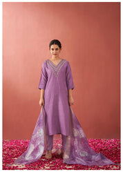 Mauve Zari Moti Viscose Ethnic Set With Dupatta