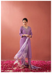 Mauve Zari Moti Viscose Ethnic Set With Dupatta