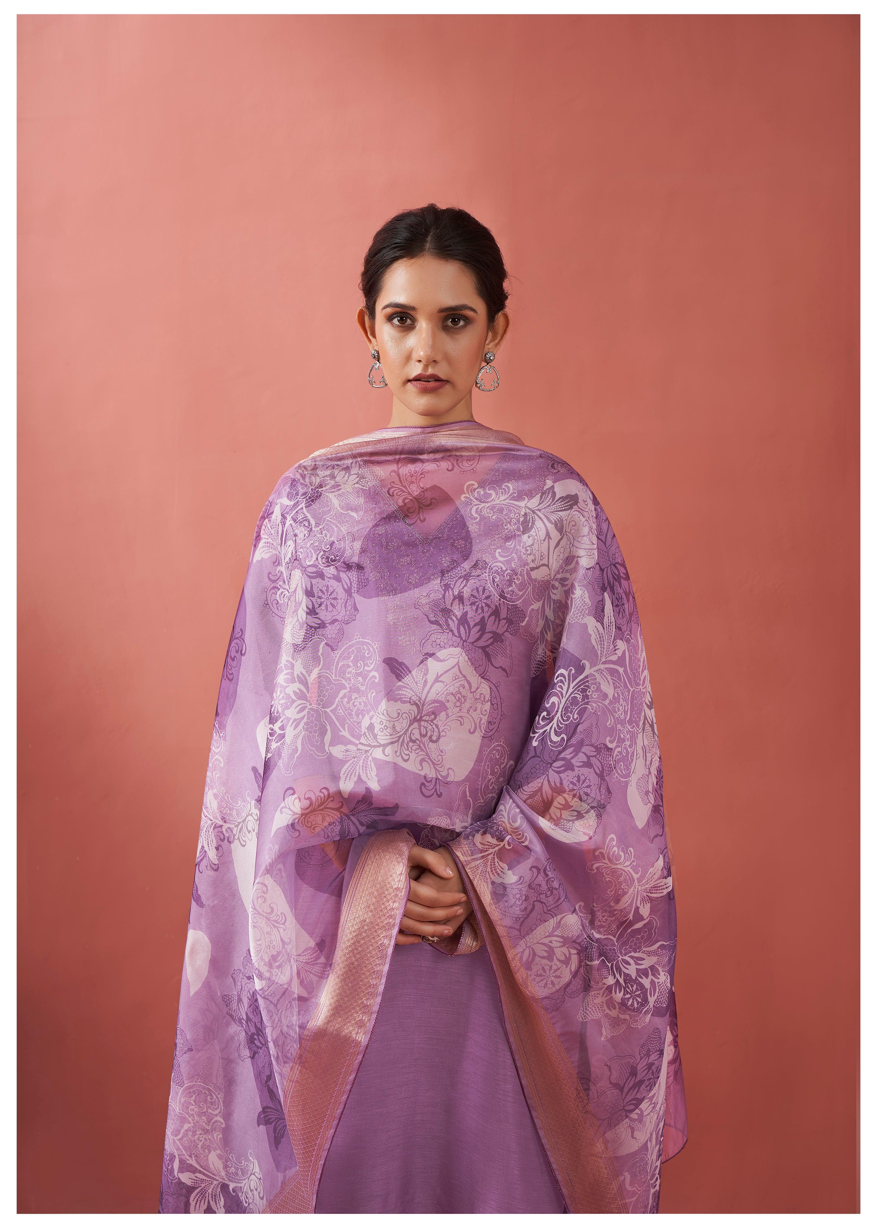 Mauve Zari Moti Viscose Ethnic Set With Dupatta