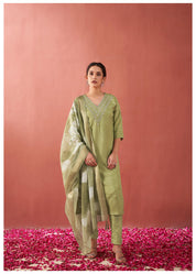 Green Zari Moti Viscose Ethnic Set With Dupatta