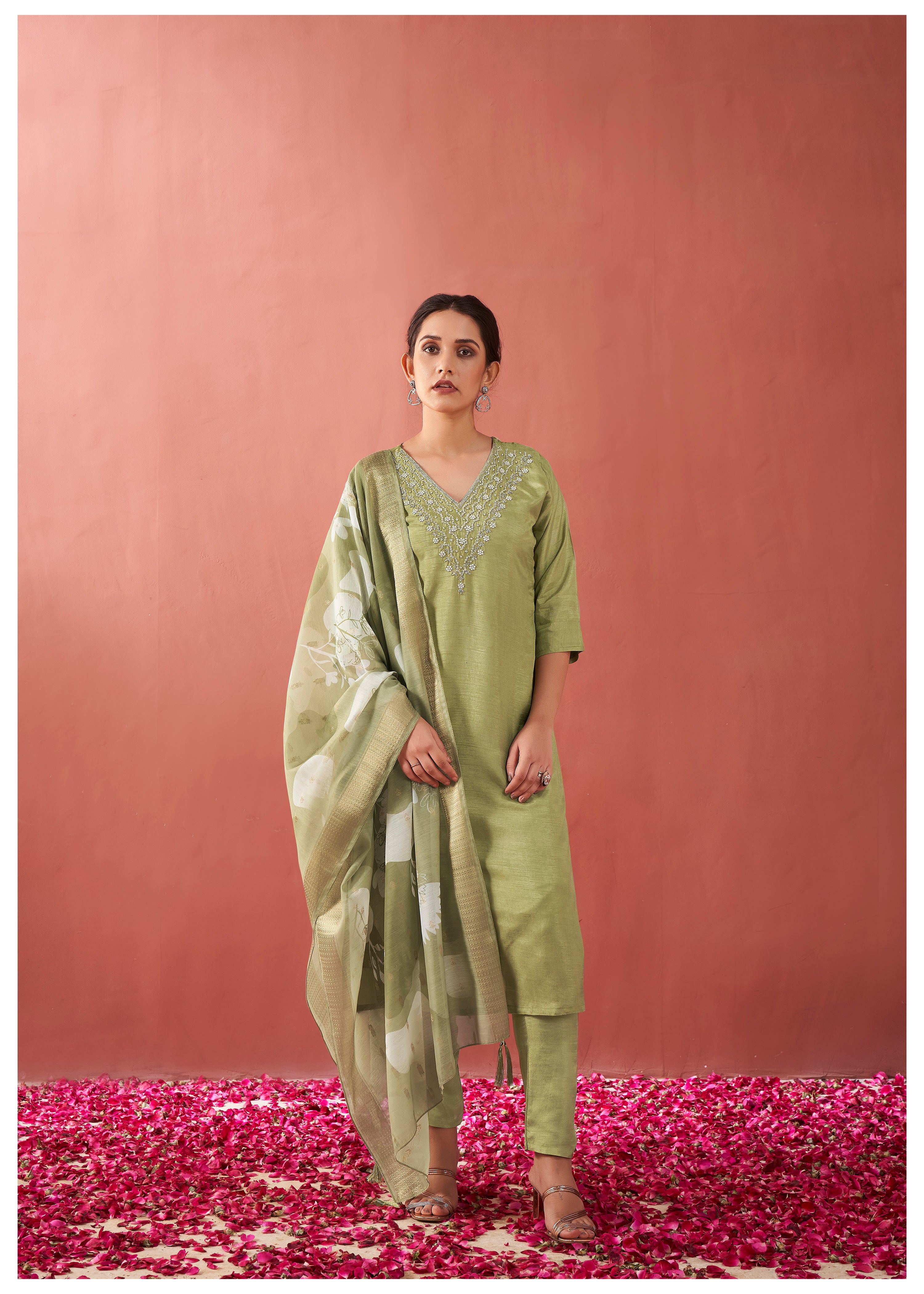 Green Zari Moti Viscose Ethnic Set With Dupatta