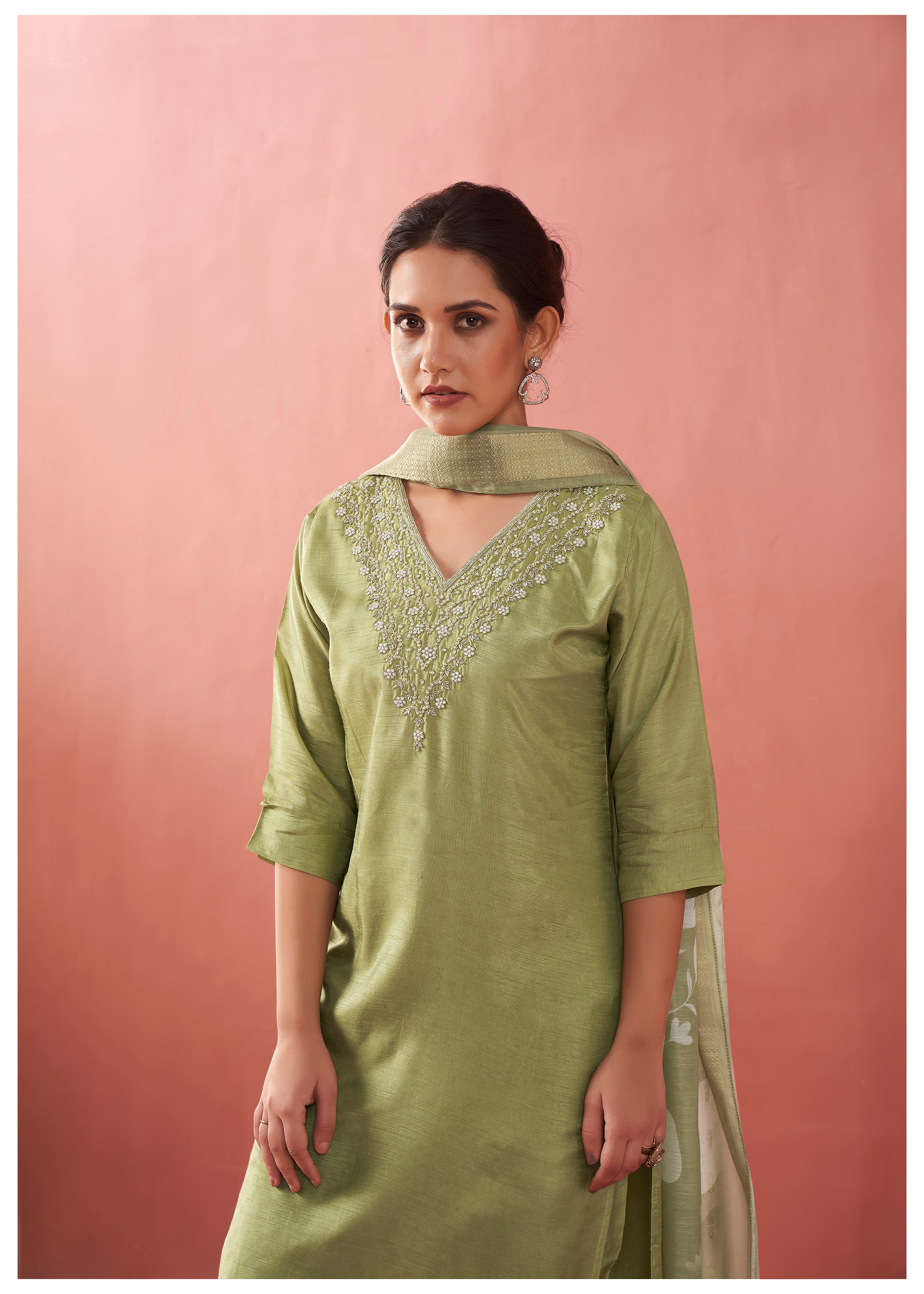 Green Zari Moti Viscose Ethnic Set With Dupatta