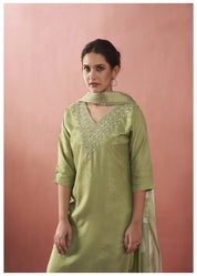 Green Zari Moti Viscose Ethnic Set With Dupatta