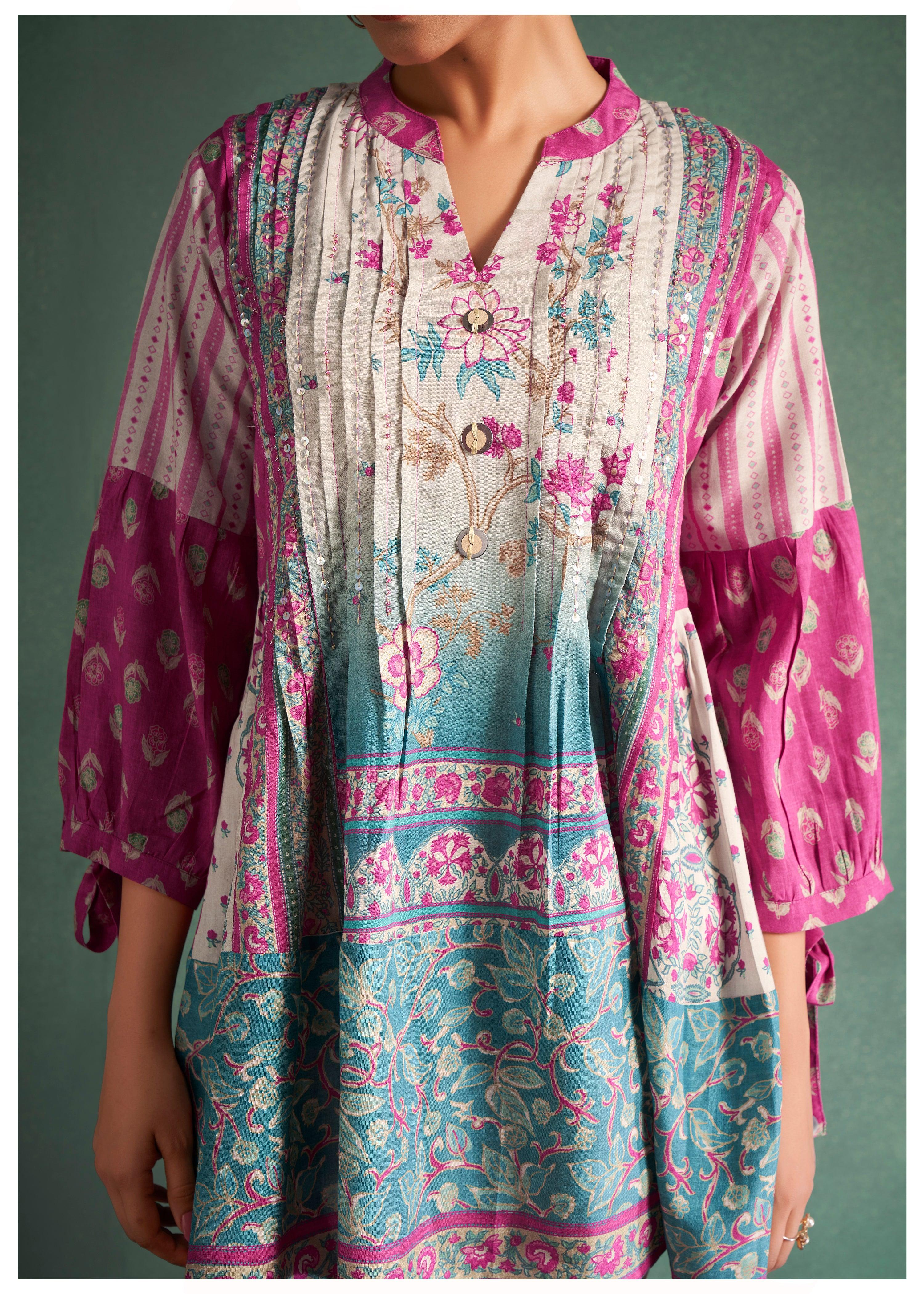 Multi-Floral Cotton Viscose Printed & Pleated Tunic