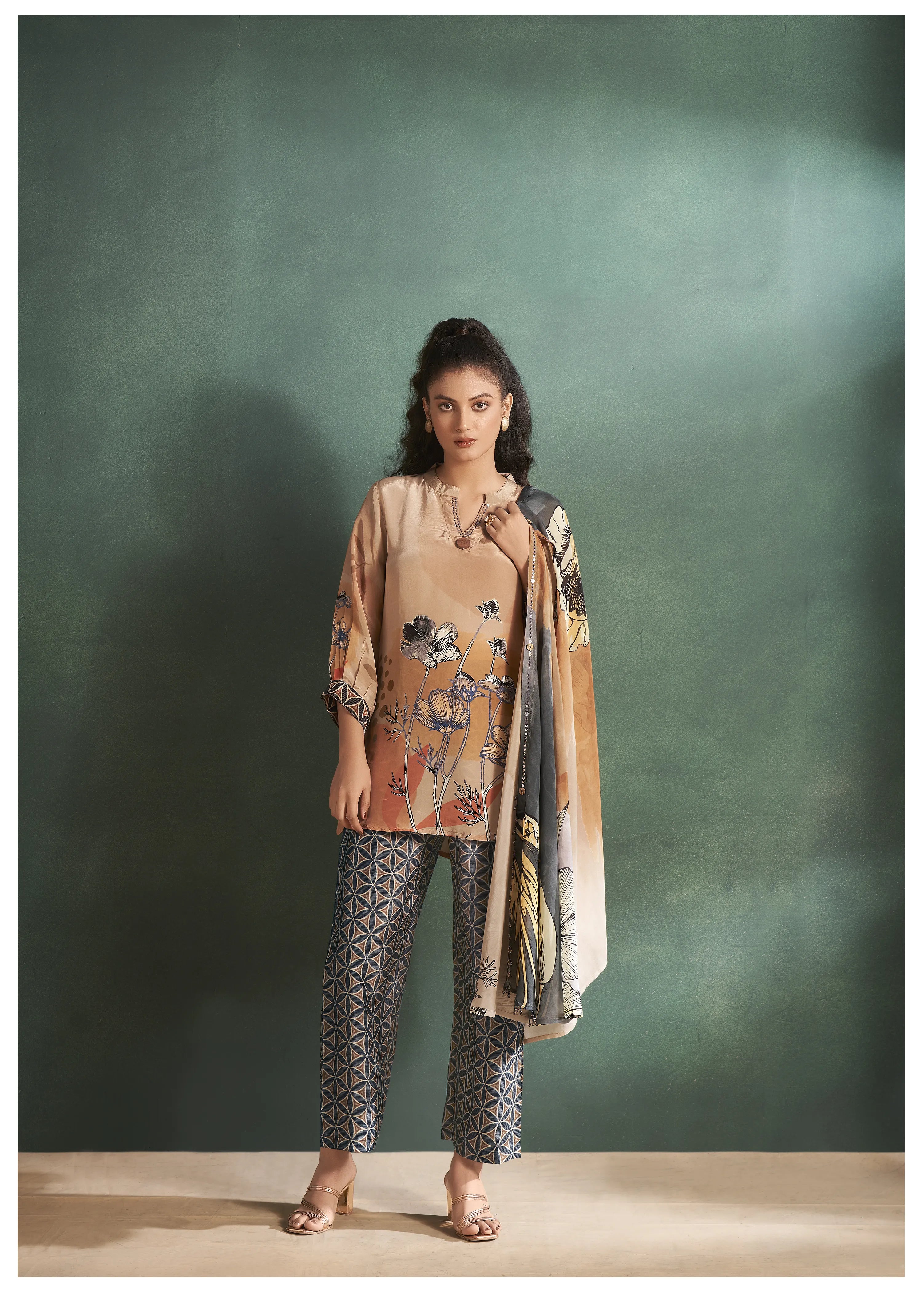 Ochre Floral  Muslin Diamond Detailed Shrug 3-Piece Set