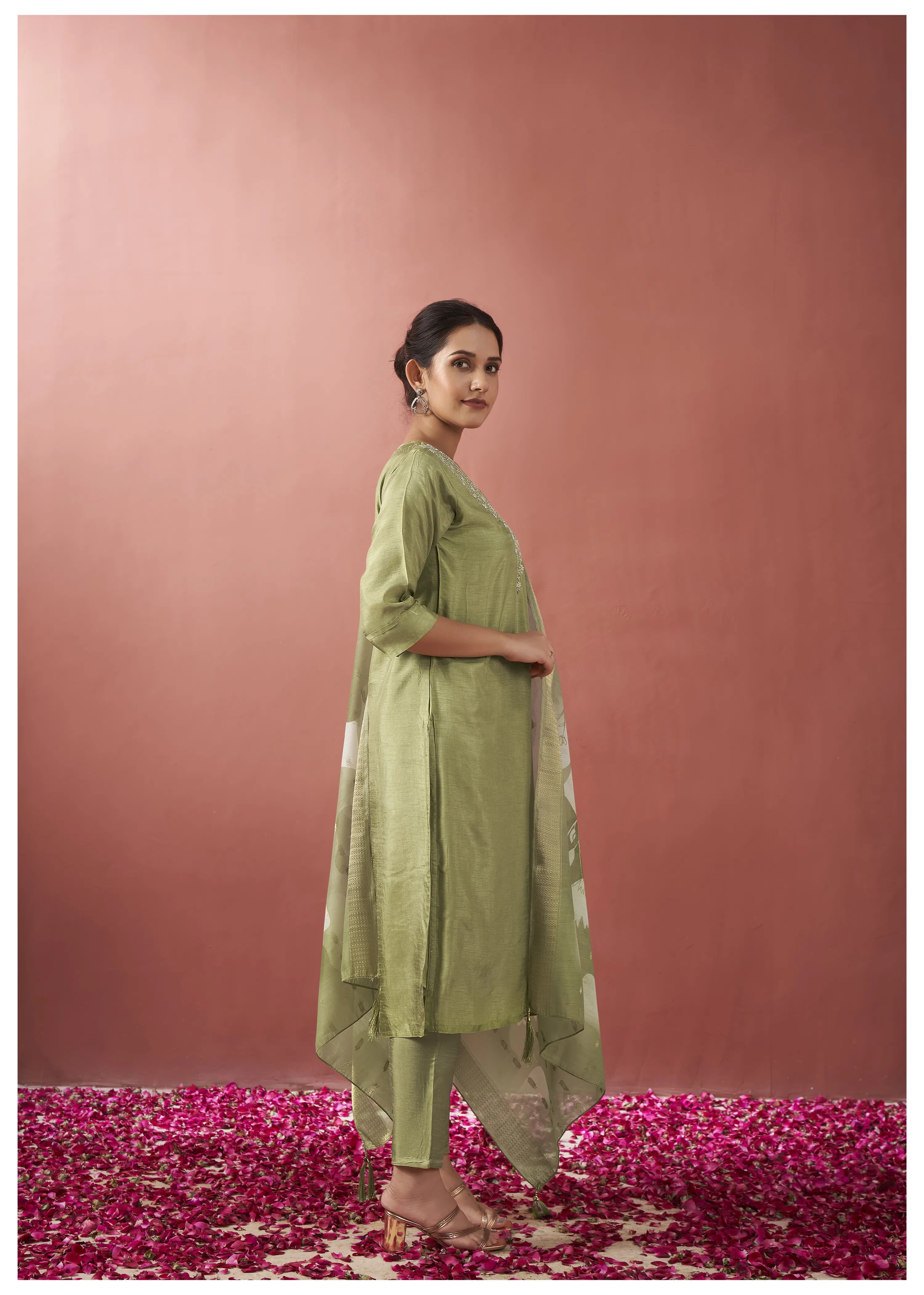 Green Zari Moti Viscose Ethnic Set With Dupatta