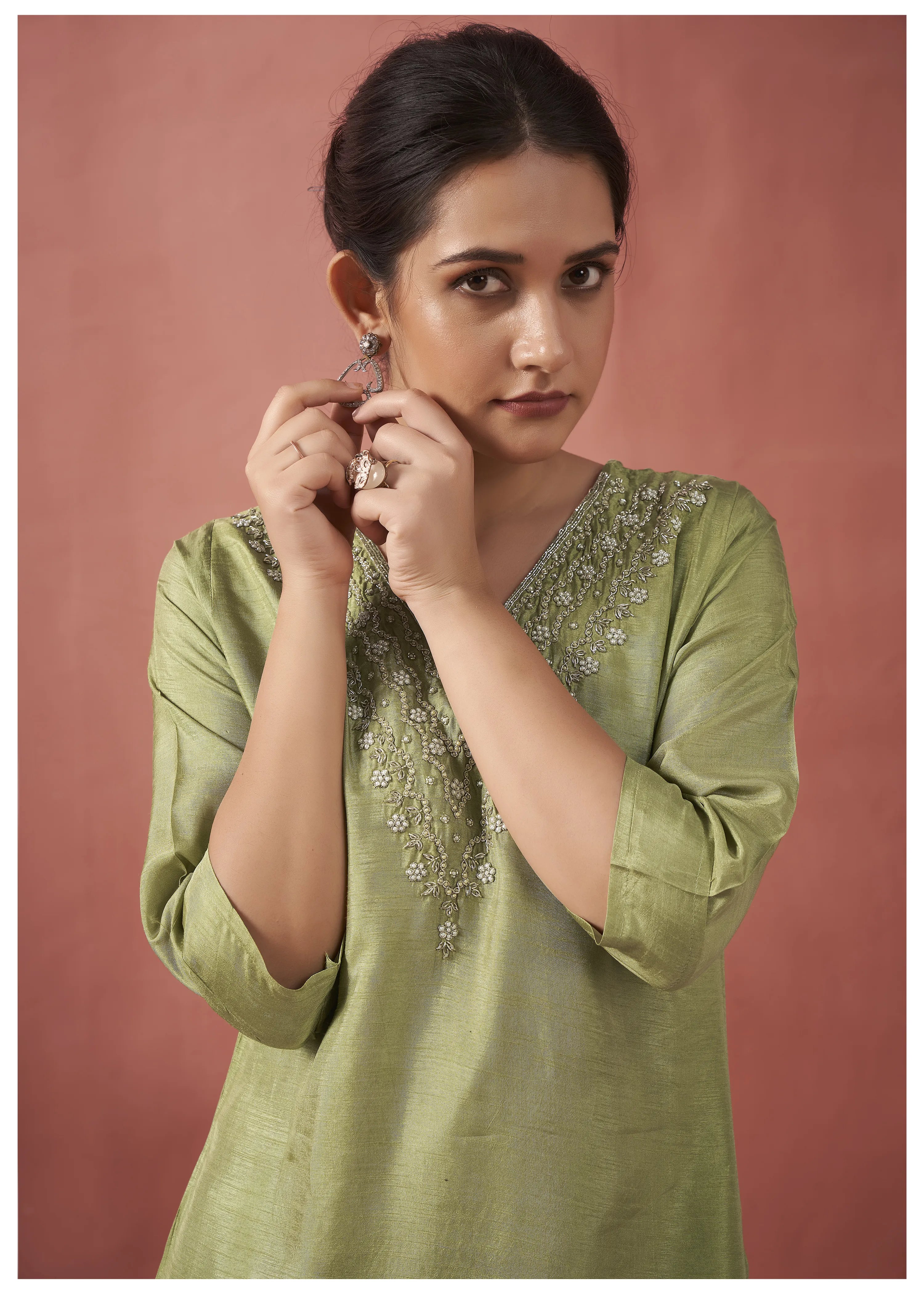 Green Zari Moti Viscose Ethnic Set With Dupatta