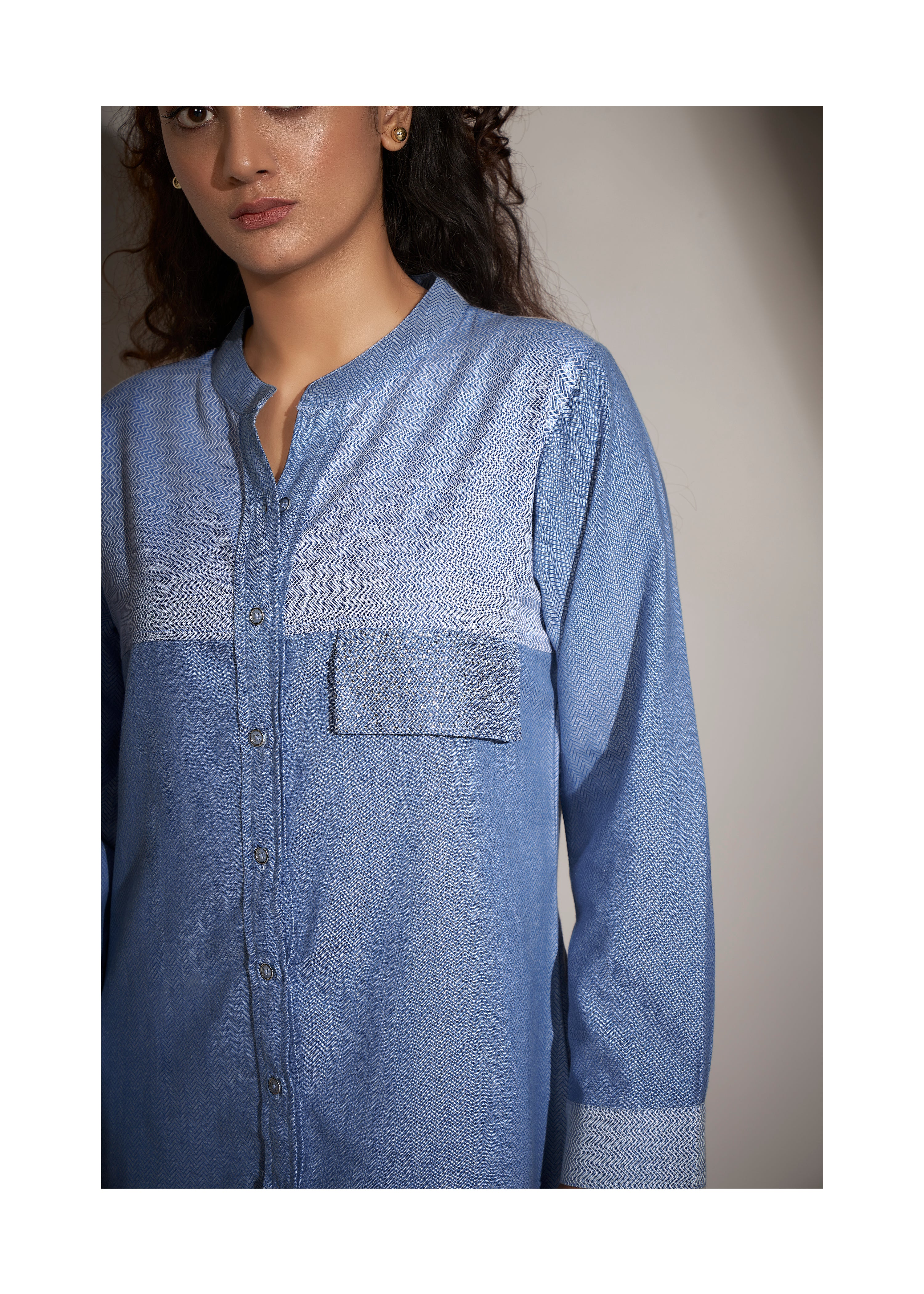 Blue Cotton Dobby Weave Shirt with Rhinestone Accents