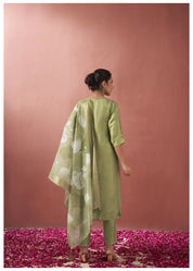 Green Zari Moti Viscose Ethnic Set With Dupatta