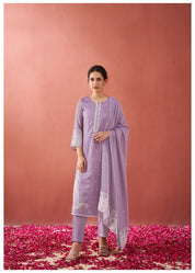 Lilac Paisley Embroidery Organza Ethnic Set With Dupatta