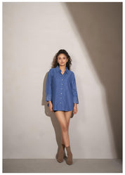 Blue Self-Twill Textured Cotton Shirt with Rhinestone Details