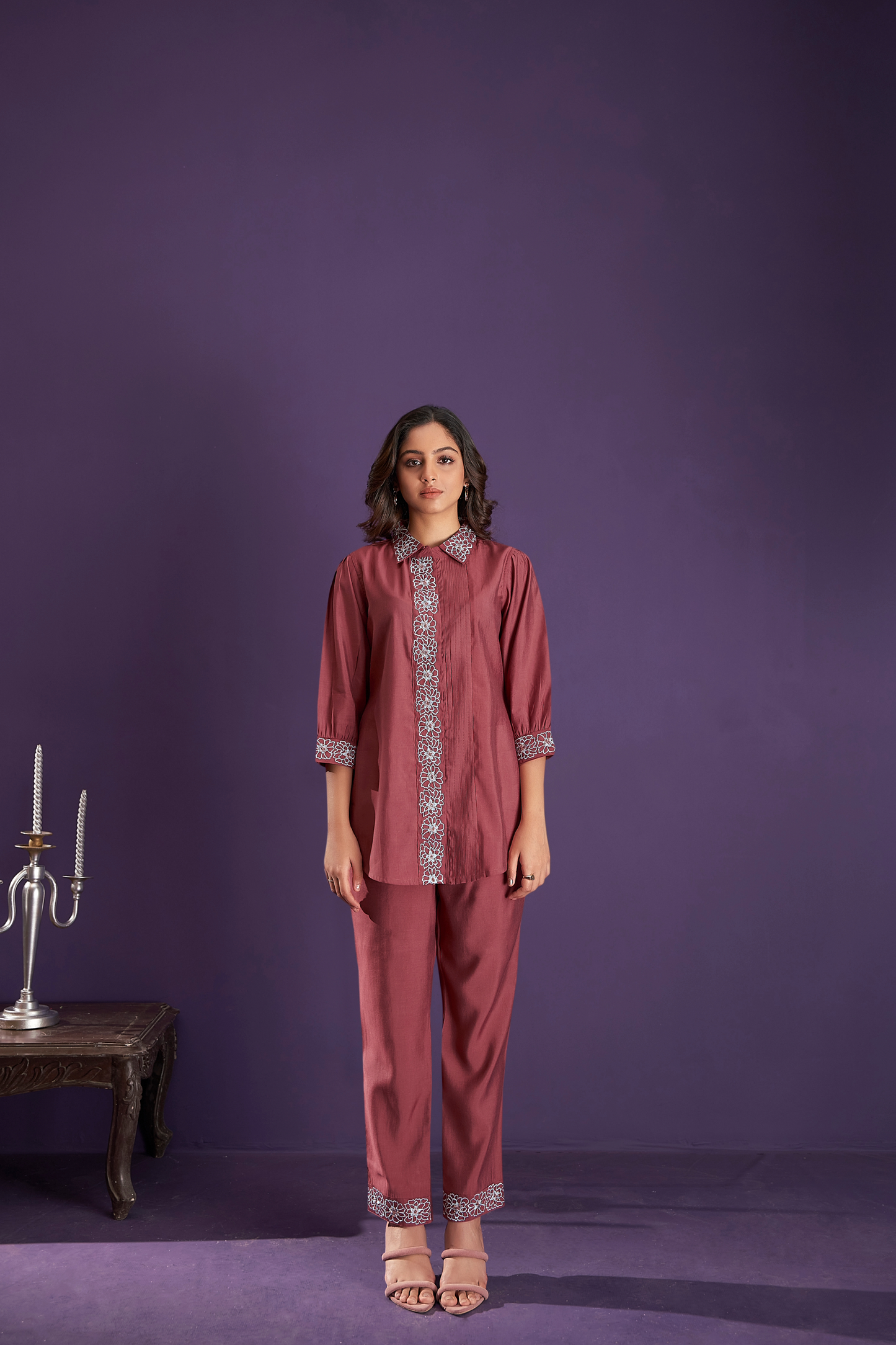 Rust Embroidered Kurta With Pants