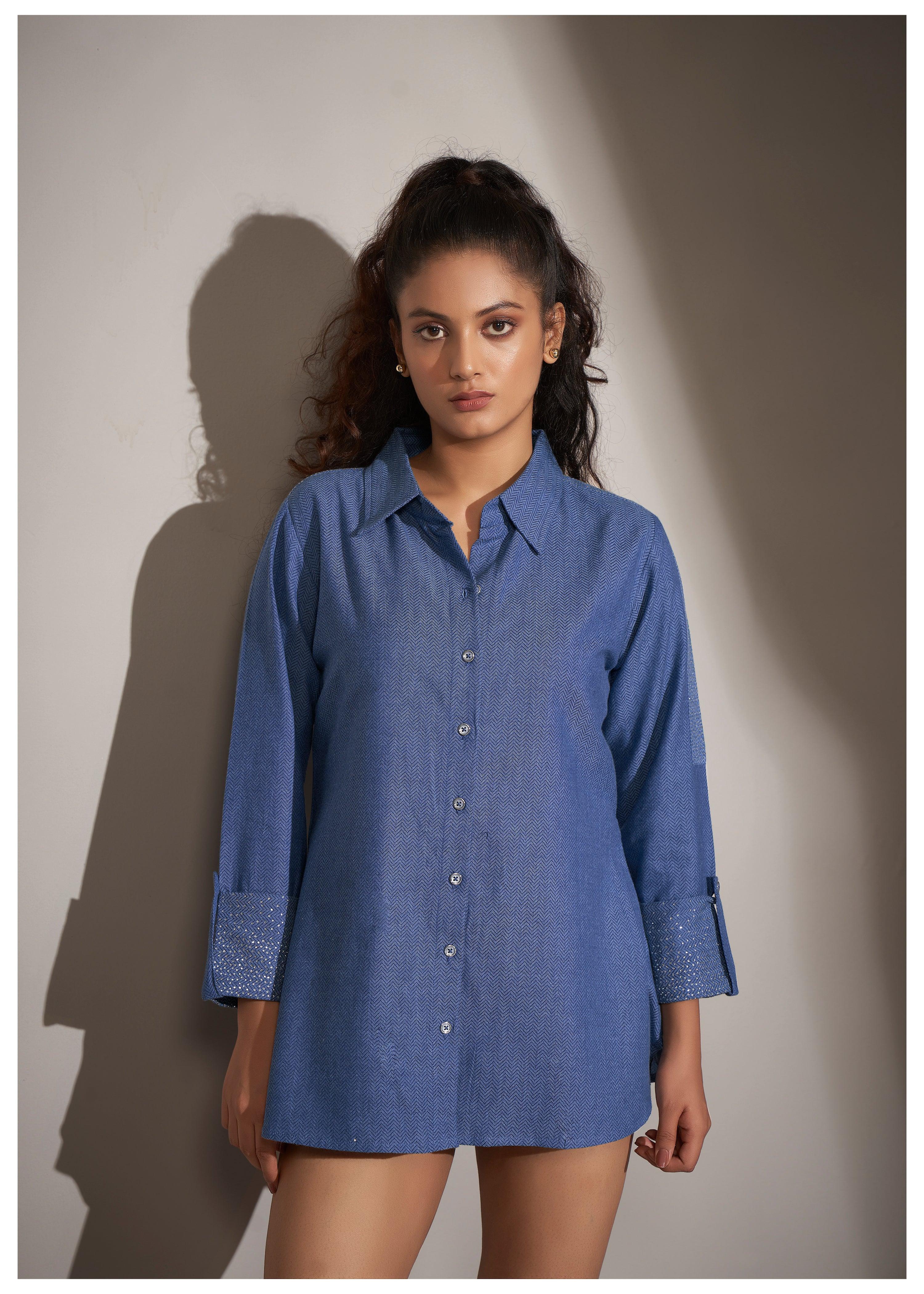 Blue Twill Weave Textured Cotton Shirt with Rhinestone Details