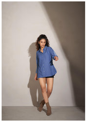 Blue Self-Twill Textured Cotton Shirt with Rhinestone Details