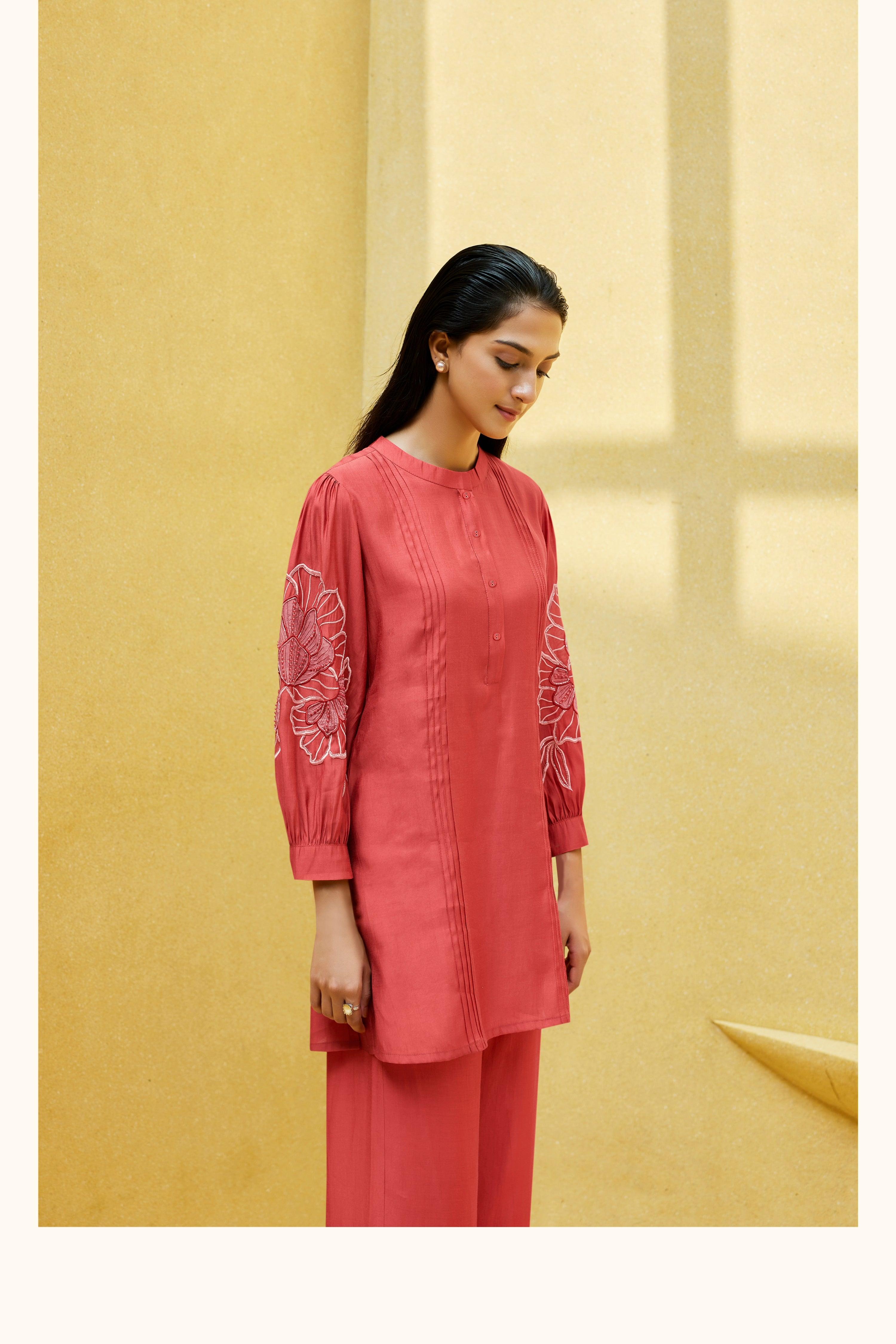 Red Floral Embroidery Tunic With Trouser - Kaftanize