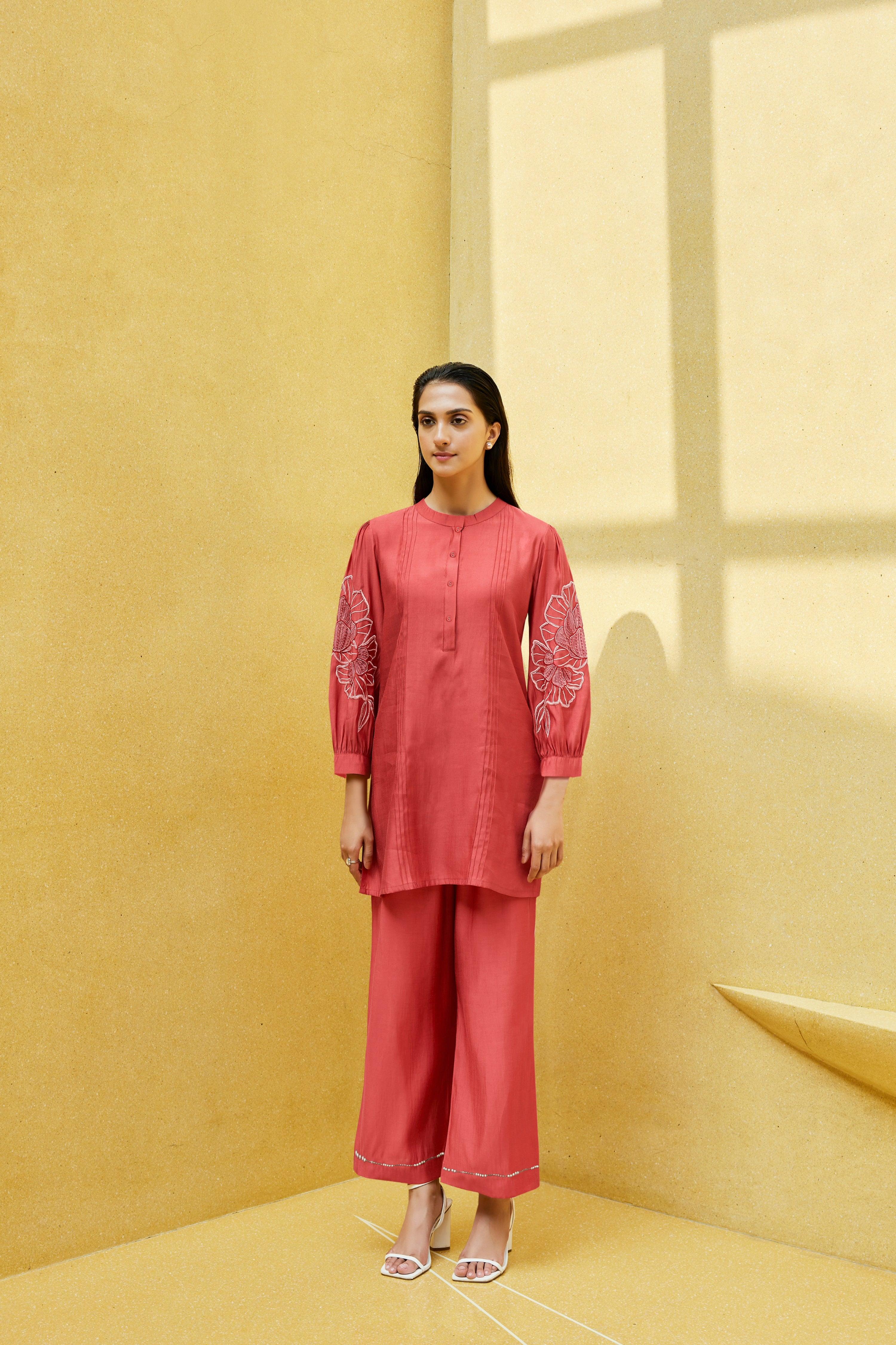 Red Floral Embroidery Tunic With Trouser - Kaftanize