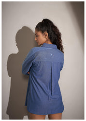 Blue Self-Twill Textured Cotton Shirt with Rhinestone Details