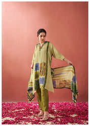 Yellow Green Botanical Patch Print Viscose Silk Kurta Set