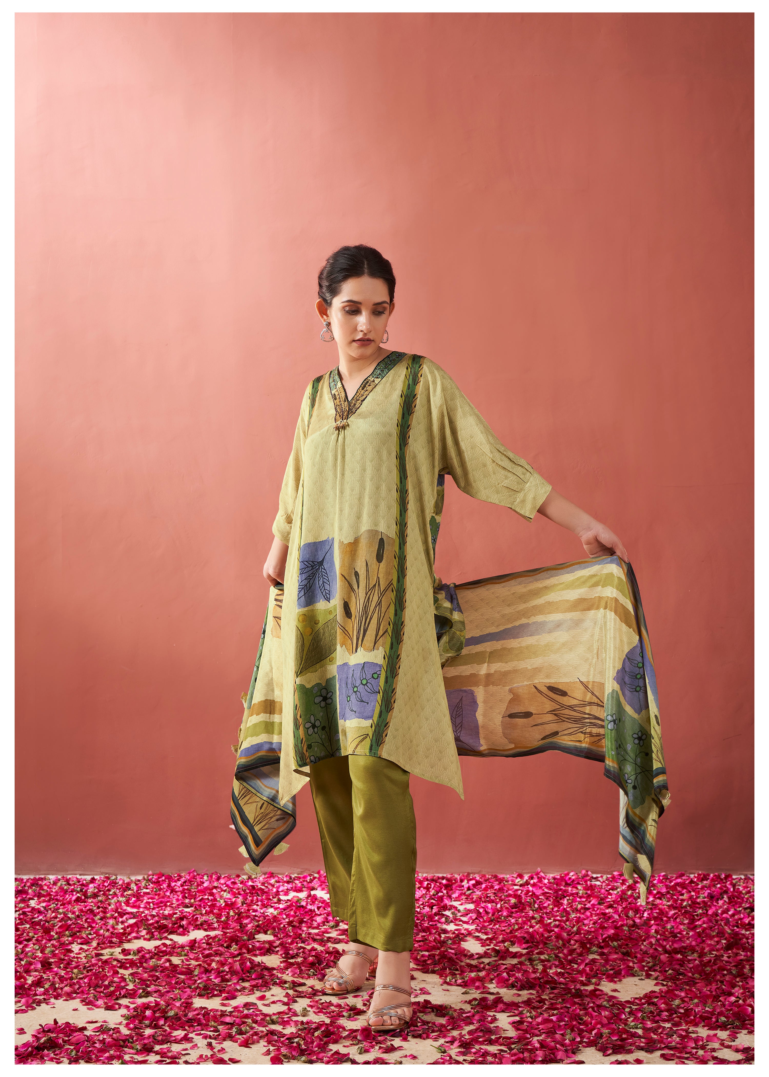 Yellow Green Botanical Patch Print Viscose Silk Kurta Set