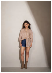 Beige Cotton Khadi Shirt with Fern Leaf Rhinestone Detailing