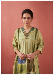 Yellow Green Botanical Patch Print Viscose Silk Kurta Set