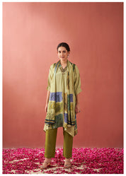 Yellow Green Botanical Patch Print Viscose Silk Kurta Set