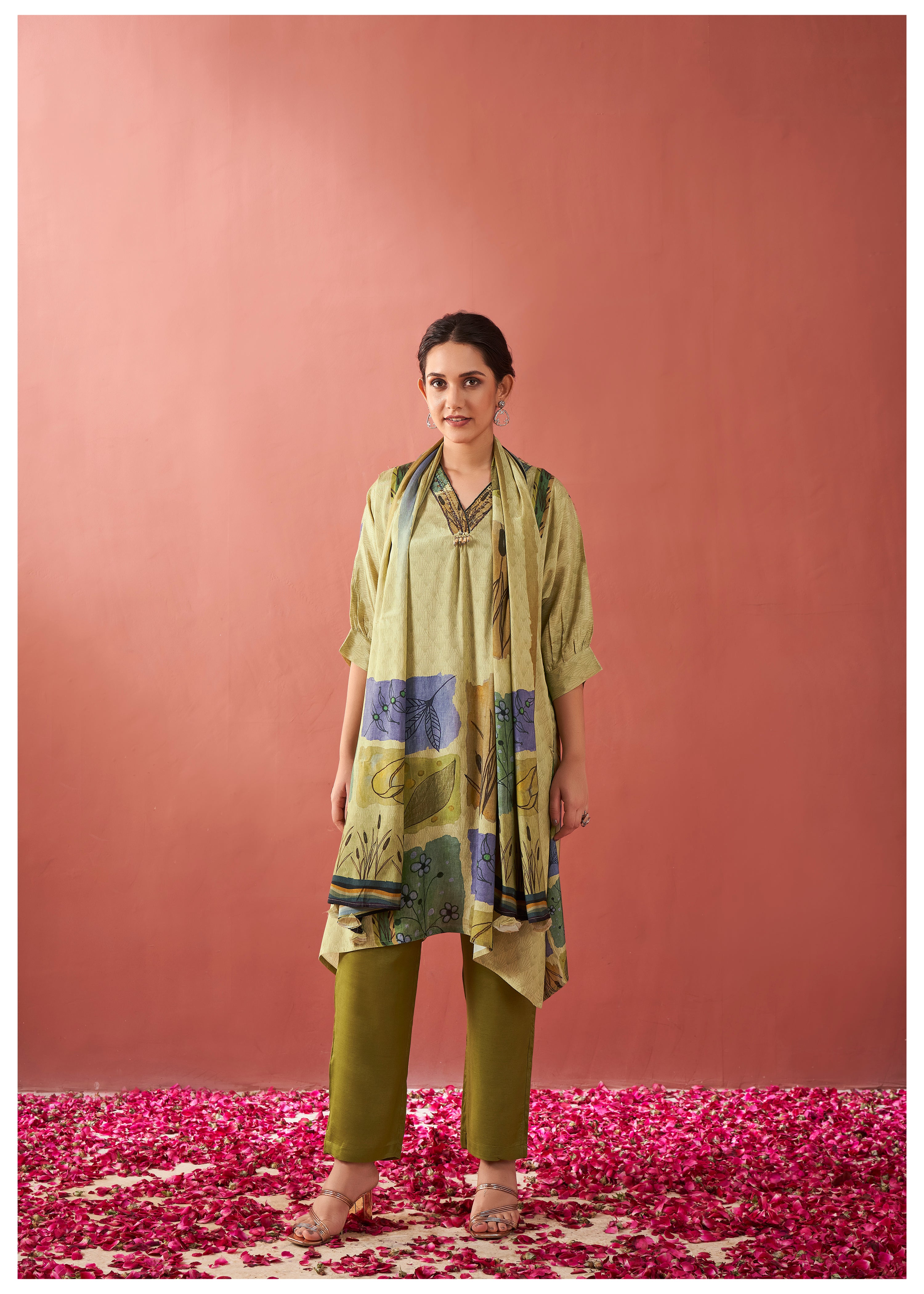 Yellow Green Botanical Patch Print Viscose Silk Kurta Set