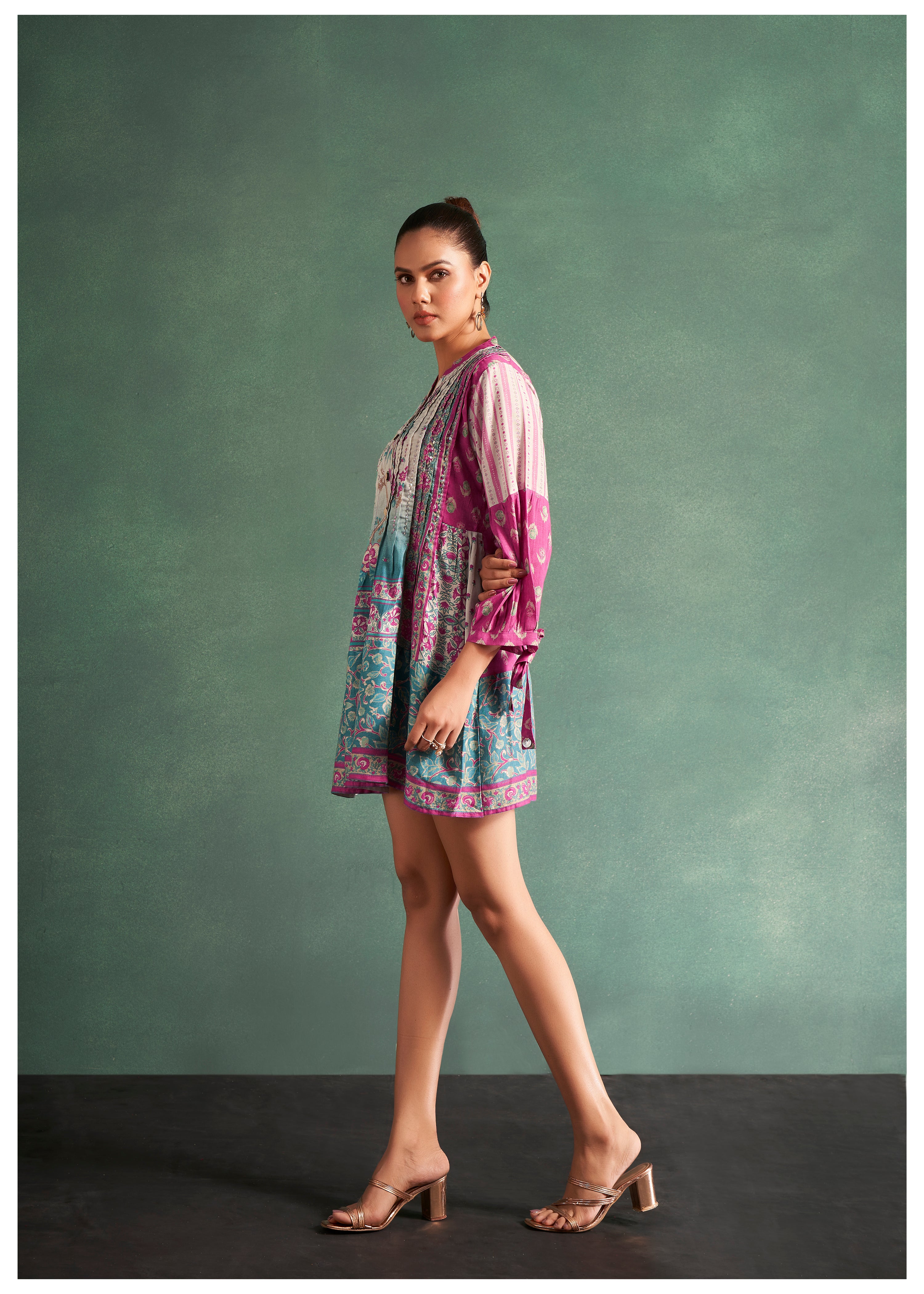 Multi-Floral Cotton Viscose Printed & Pleated Tunic