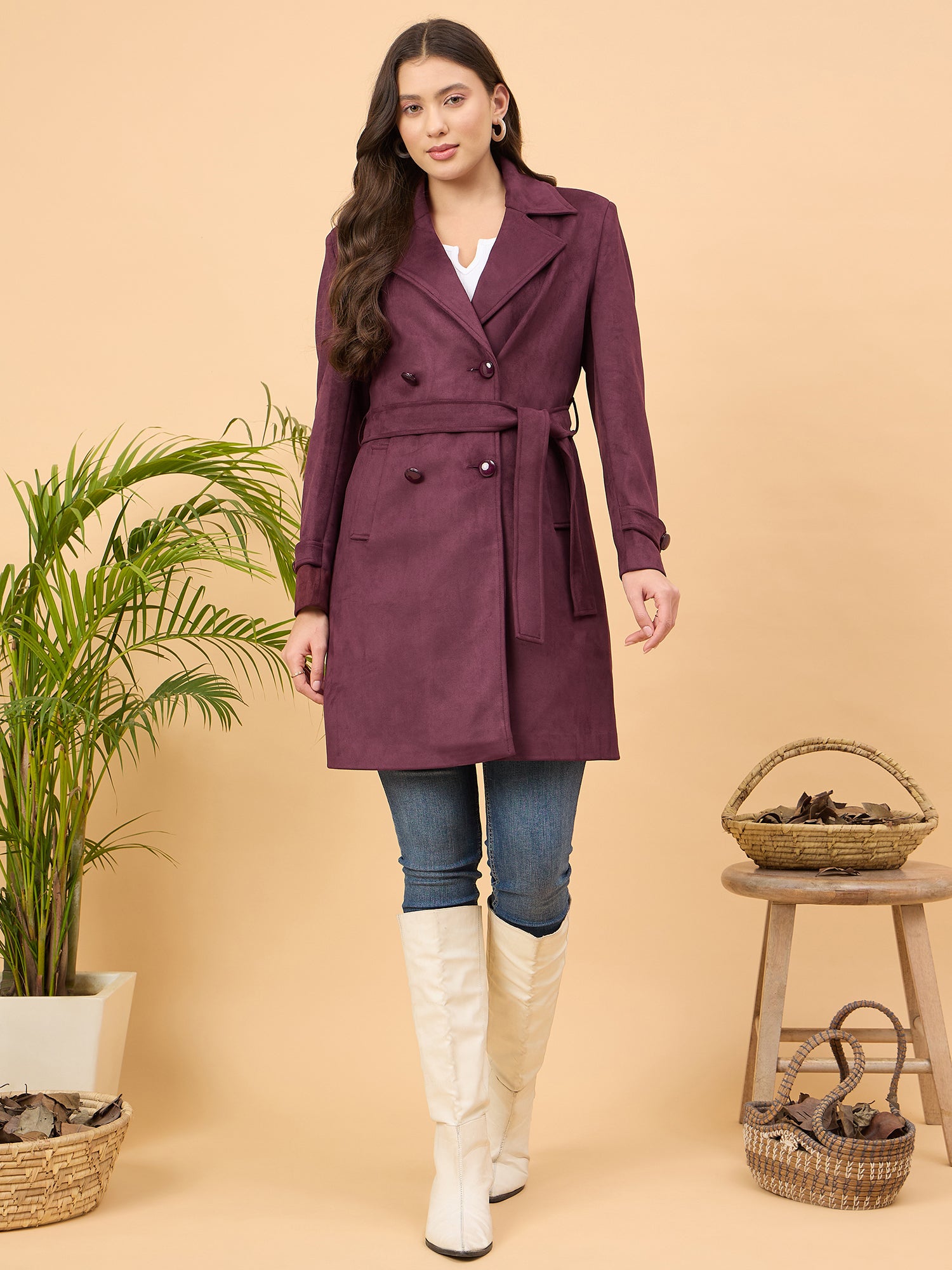 Spink Women's Double Breasted Suede Trench Coat – Wine