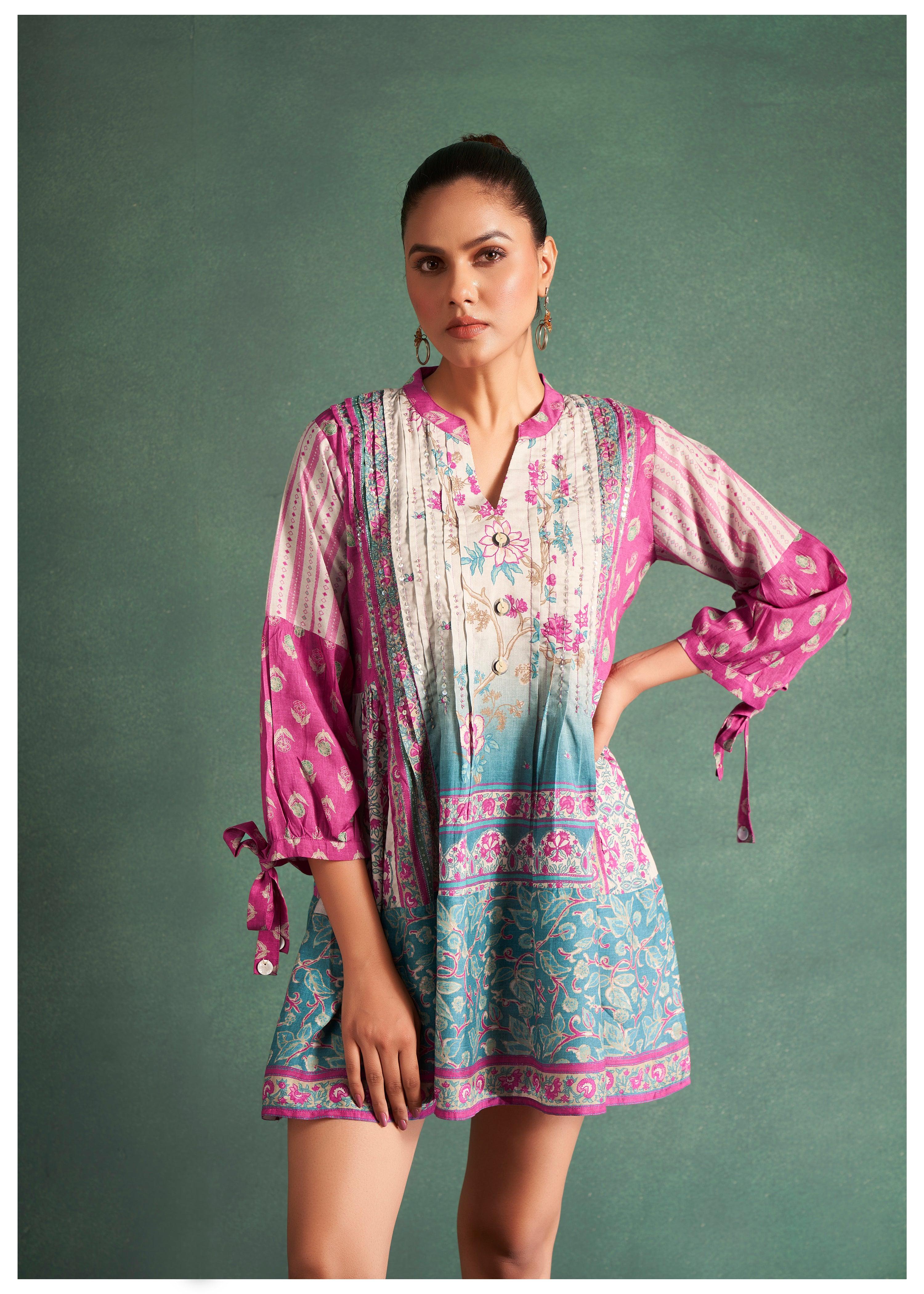 Multi-Floral Cotton Viscose Printed & Pleated Tunic