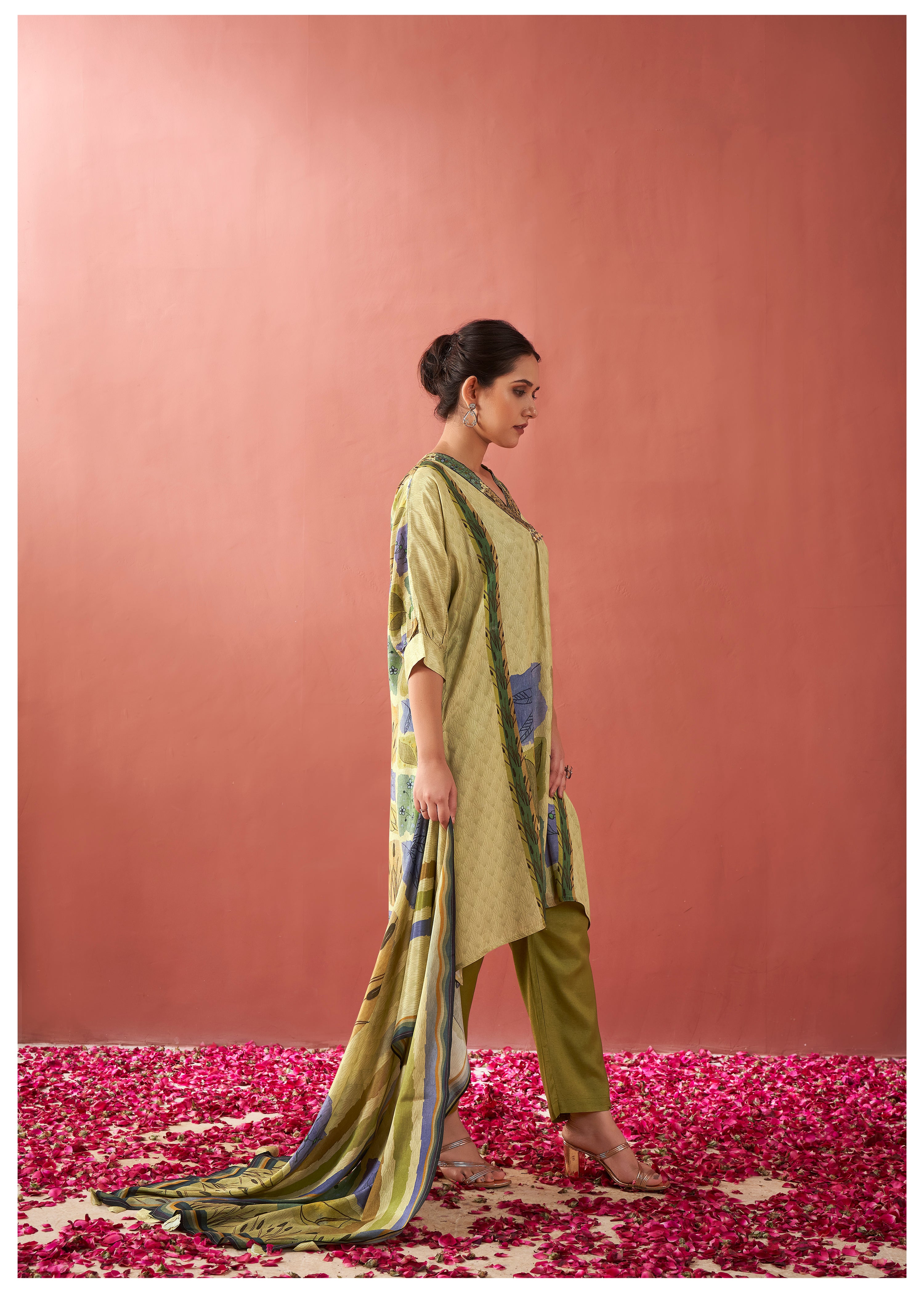 Yellow Green Botanical Patch Print Viscose Silk Kurta Set