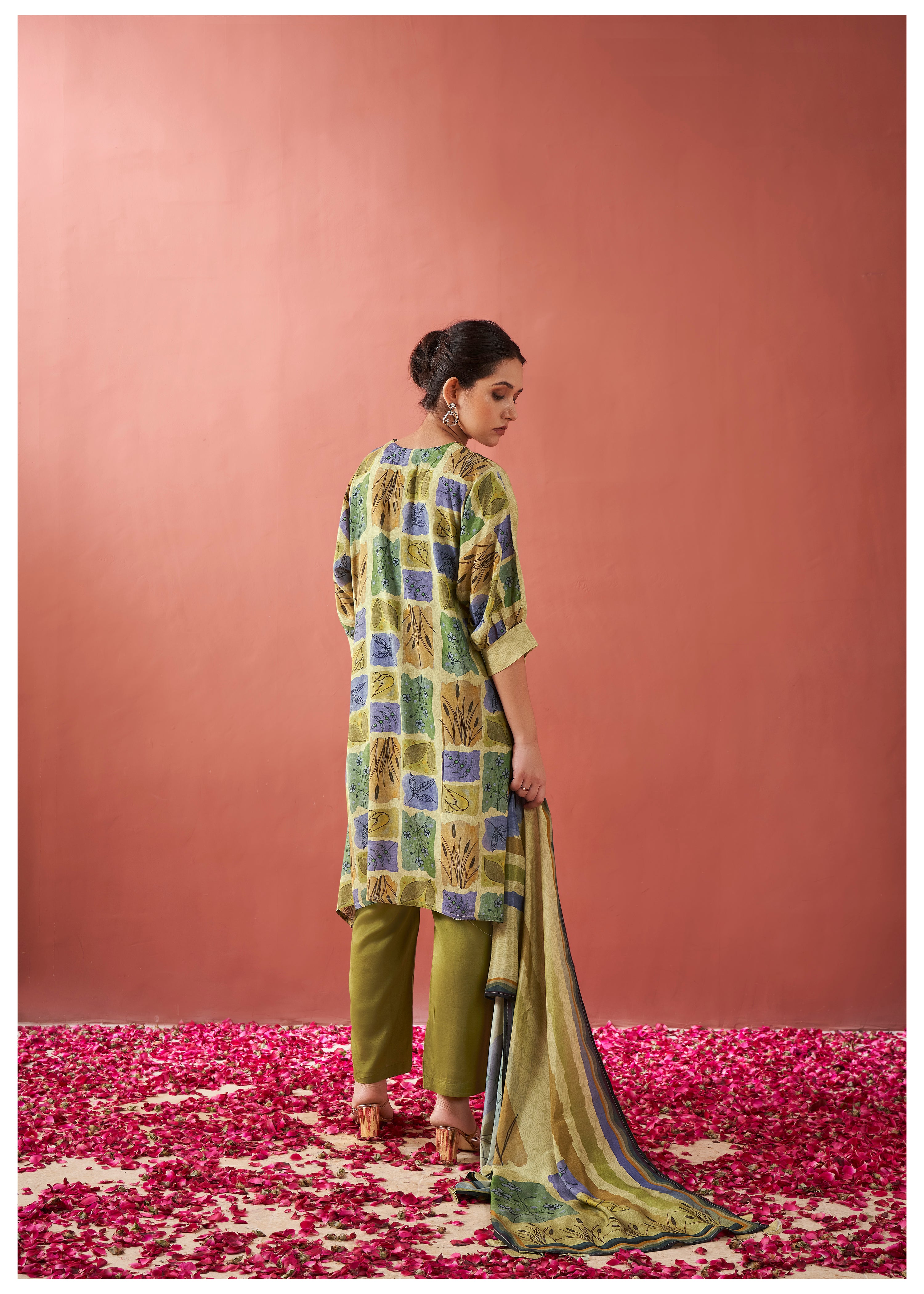 Yellow Green Botanical Patch Print Viscose Silk Kurta Set